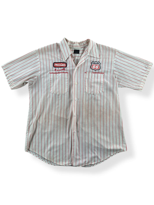 Front of Vintage Banker's Service Pinstripe Work Shirt SZ XL