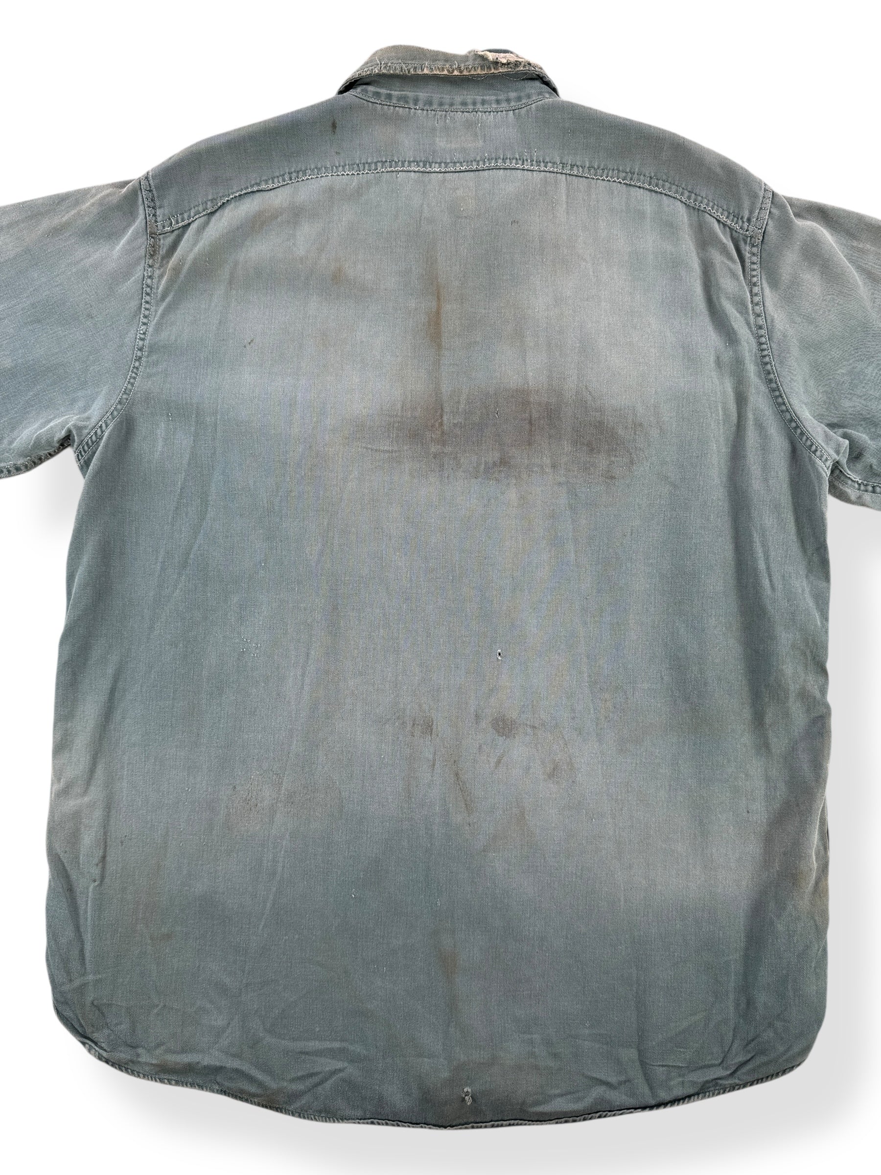 Back Close Up of Vintage Thrashed Hand Repaired Work Shirt SZ L