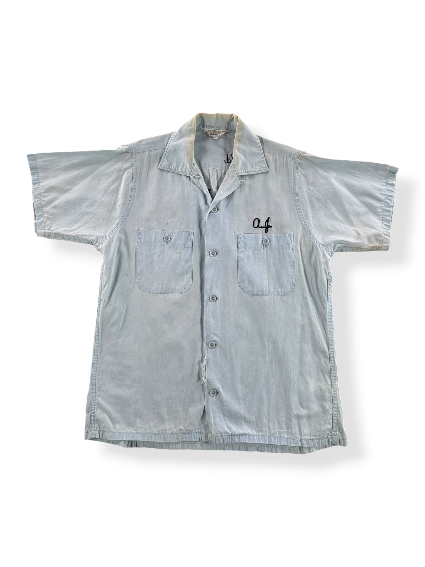 Front of Vintage Chambray-esque Bowling Shirt SZ S AS IS