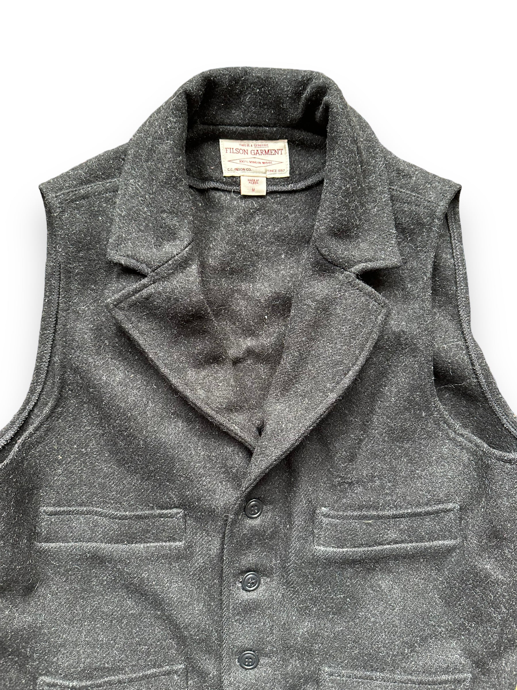 Upper Front View of Filson Western Style Charcoal Mackinaw Vest SZ M |  Barn Owl Vintage Goods | Vintage Filson Workwear Seattle