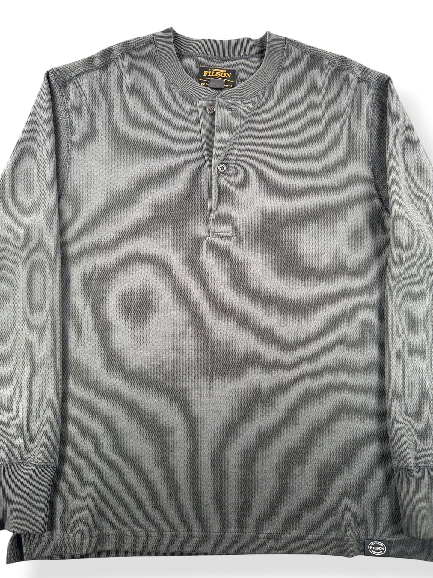 Front Close Up of Filson Faded Black Waffle Knit Henley SZ L
