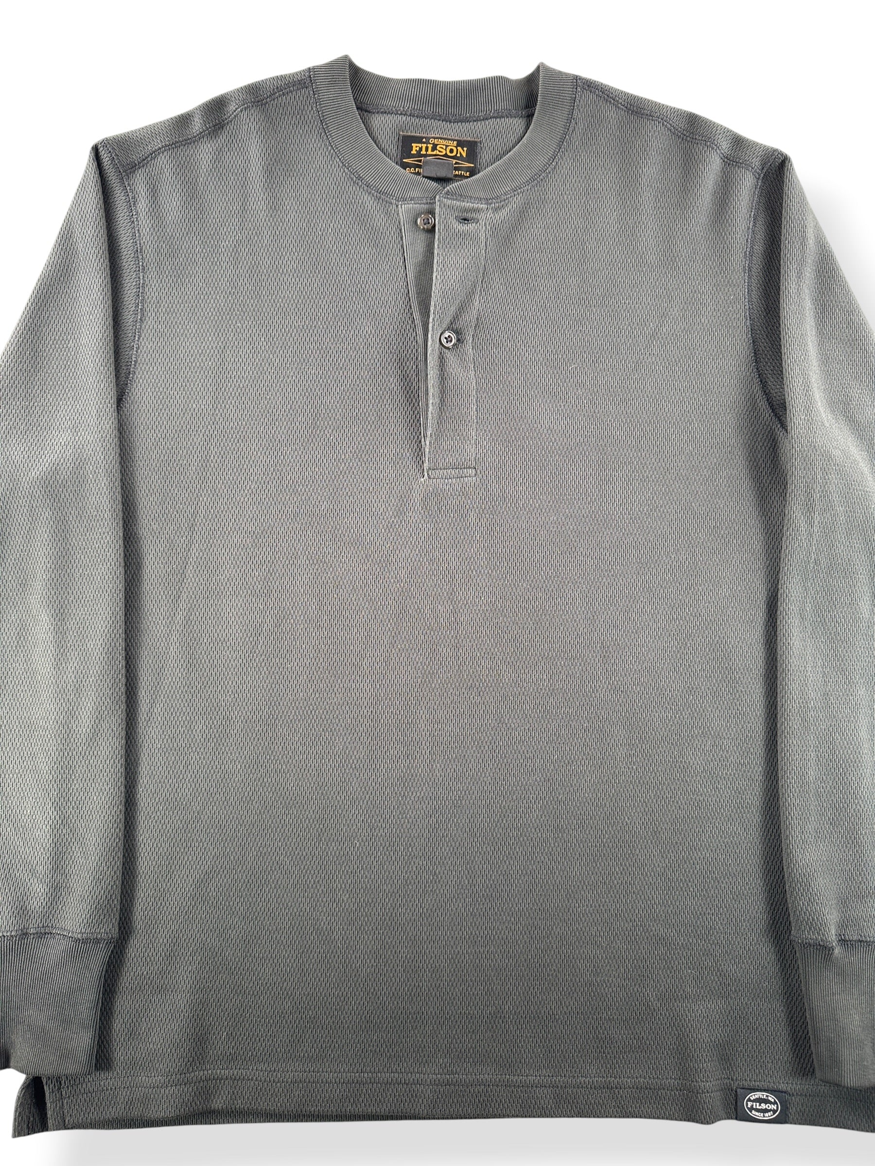 Front Close Up of Filson Faded Black Waffle Knit Henley SZ L