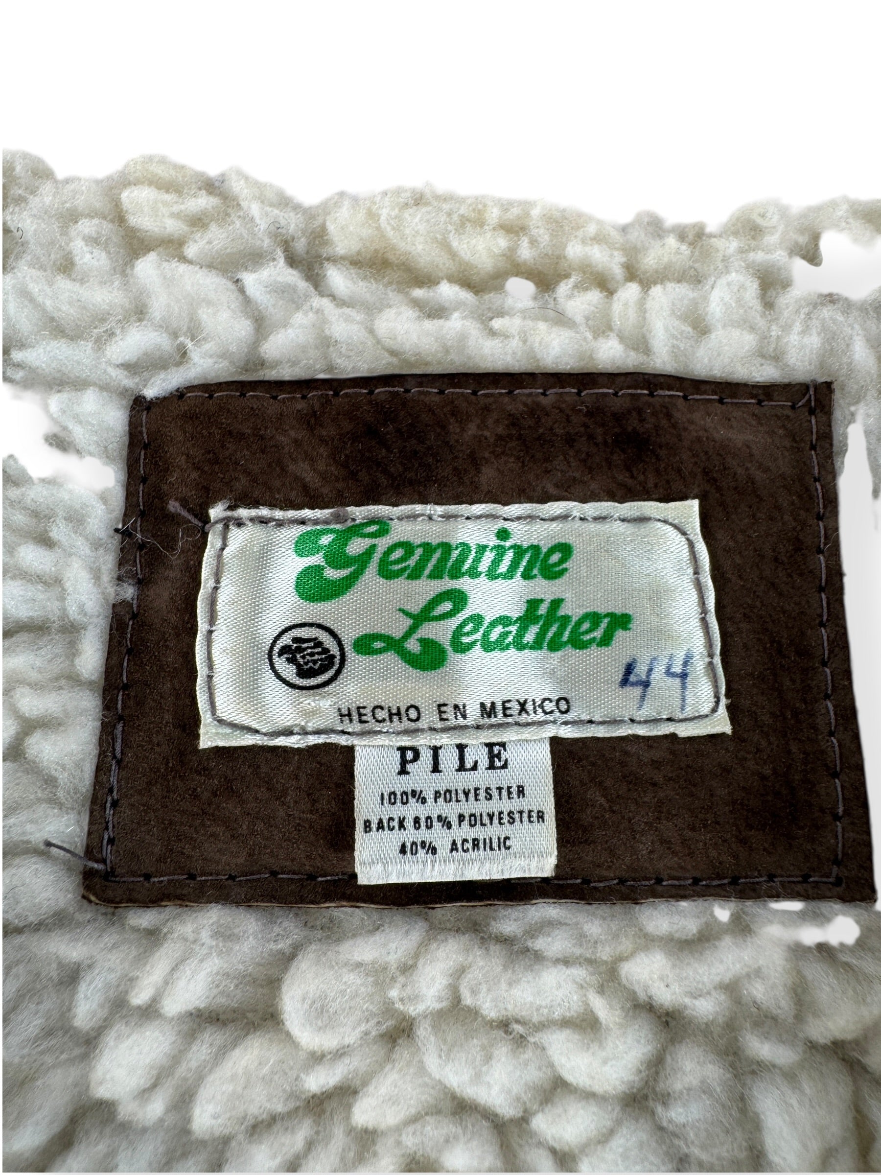 Label on Vintage Suede Sherpa Lined Vest SZ 44
