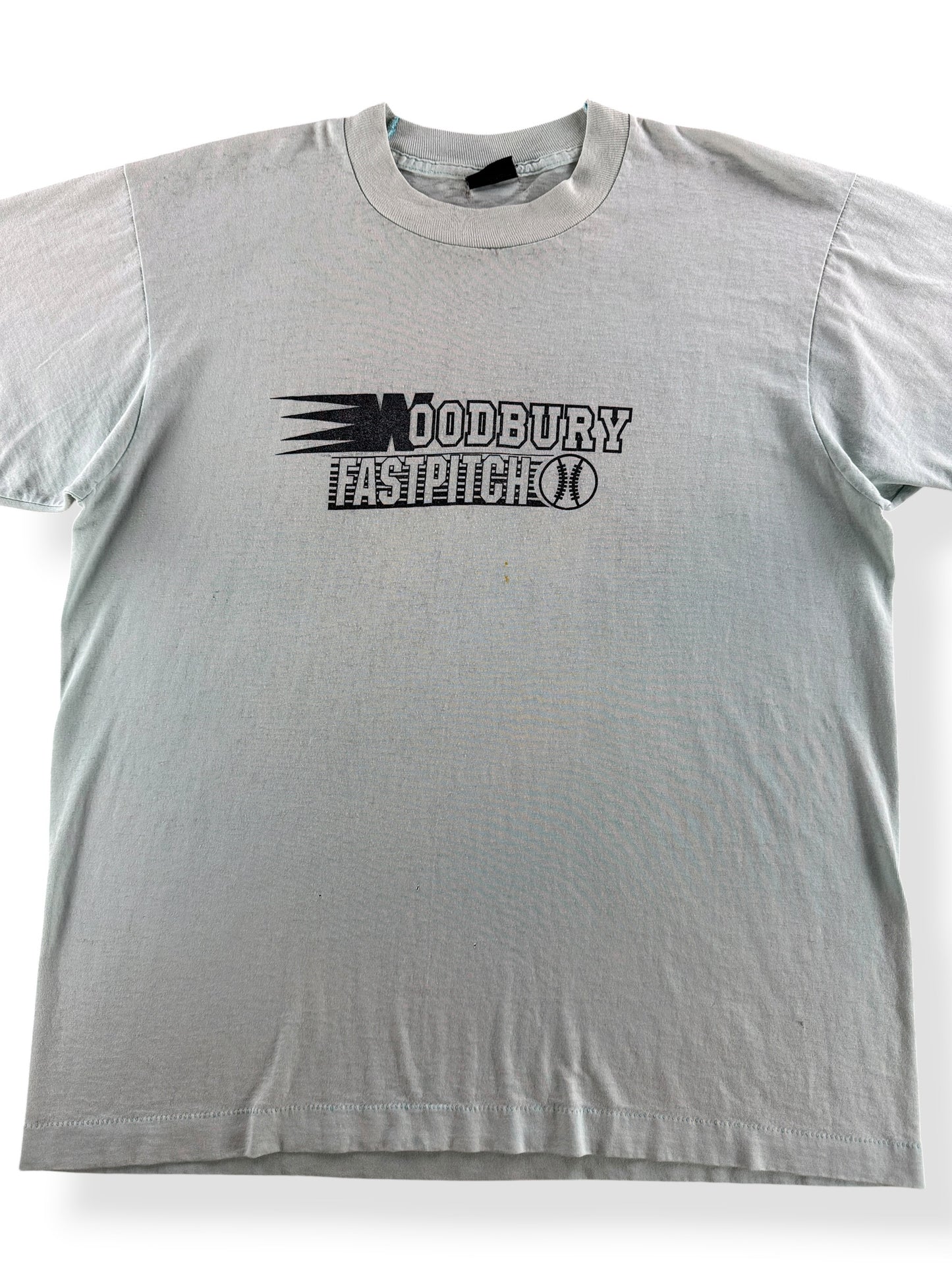 Close-up of Vintage Woodbury Fast Pitch Tee SZ L