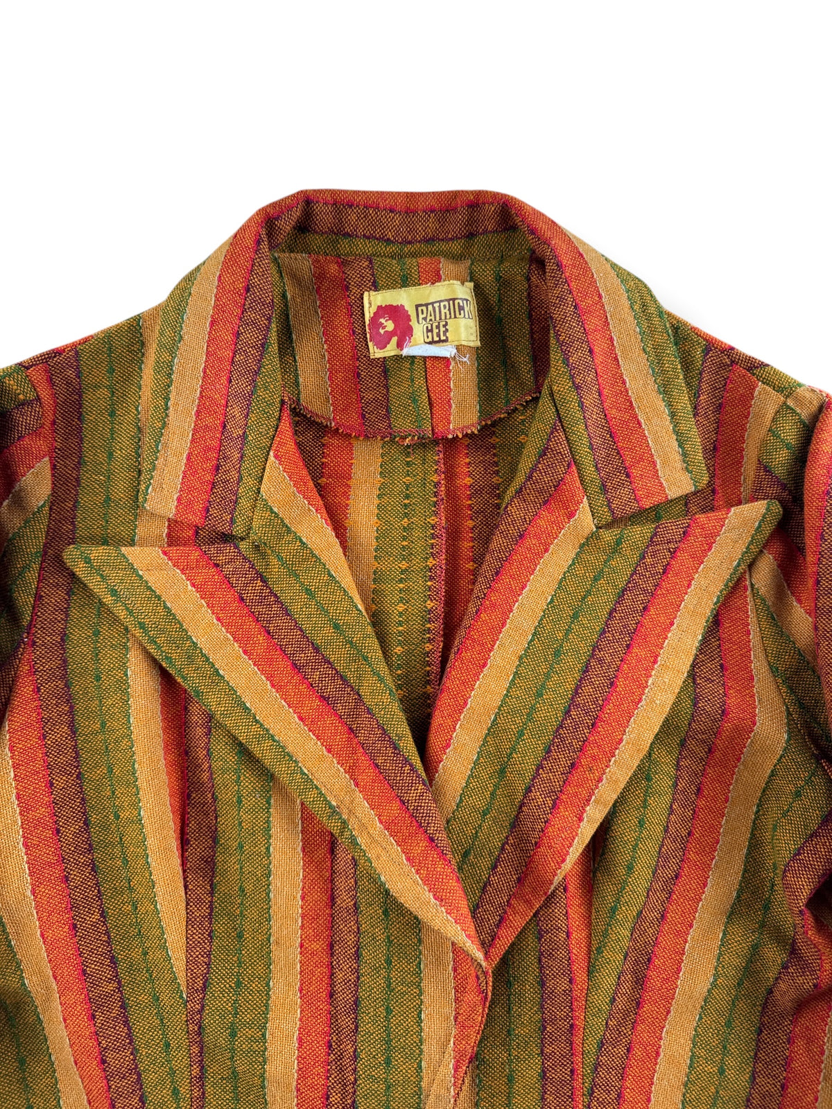 Collar on Vintage 70s Patrick Gee Orange Striped Blazer SZ 16