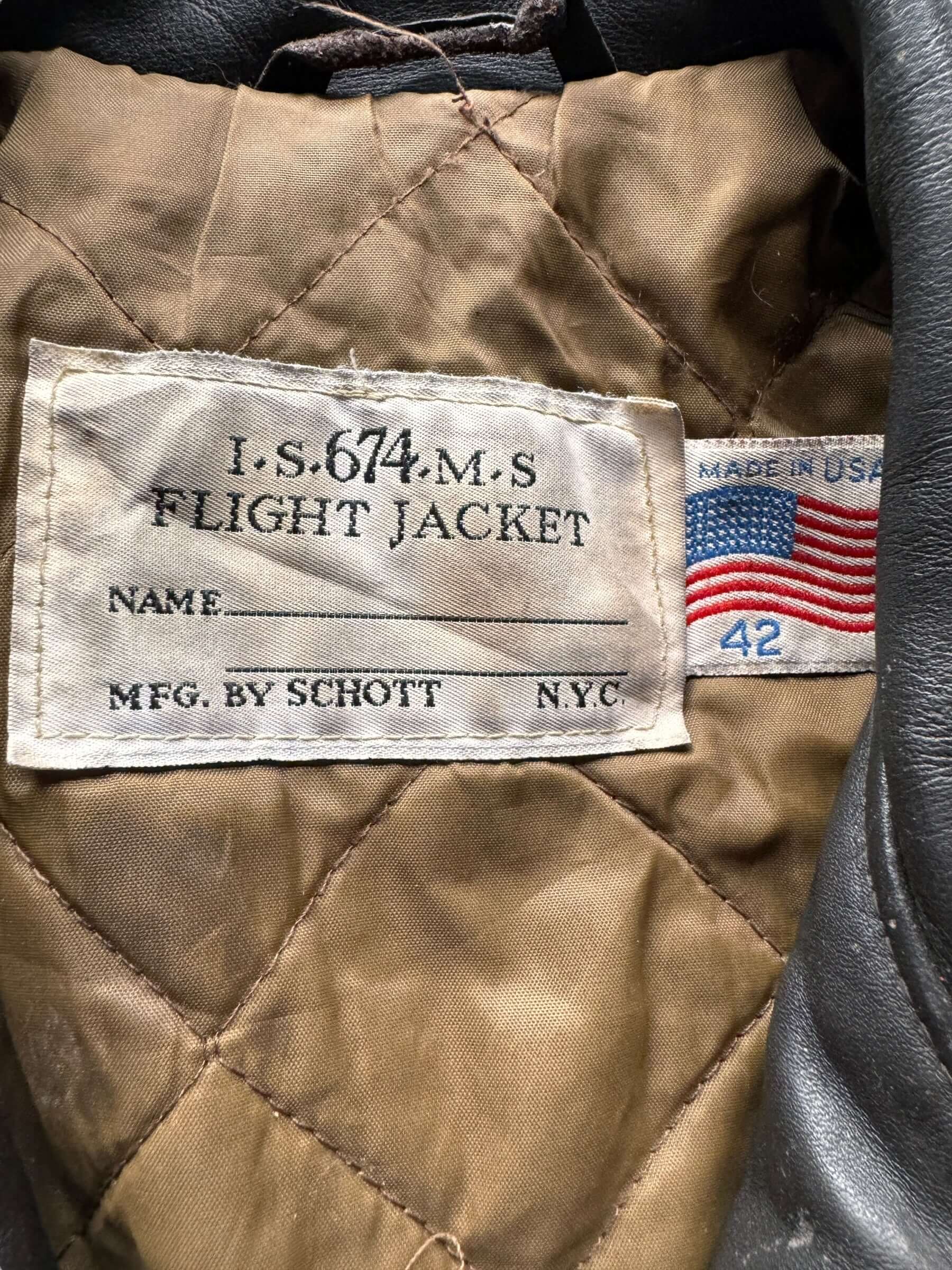 Tag View of Vintage Schott IS 674 Leather Flight Jacket SZ 42