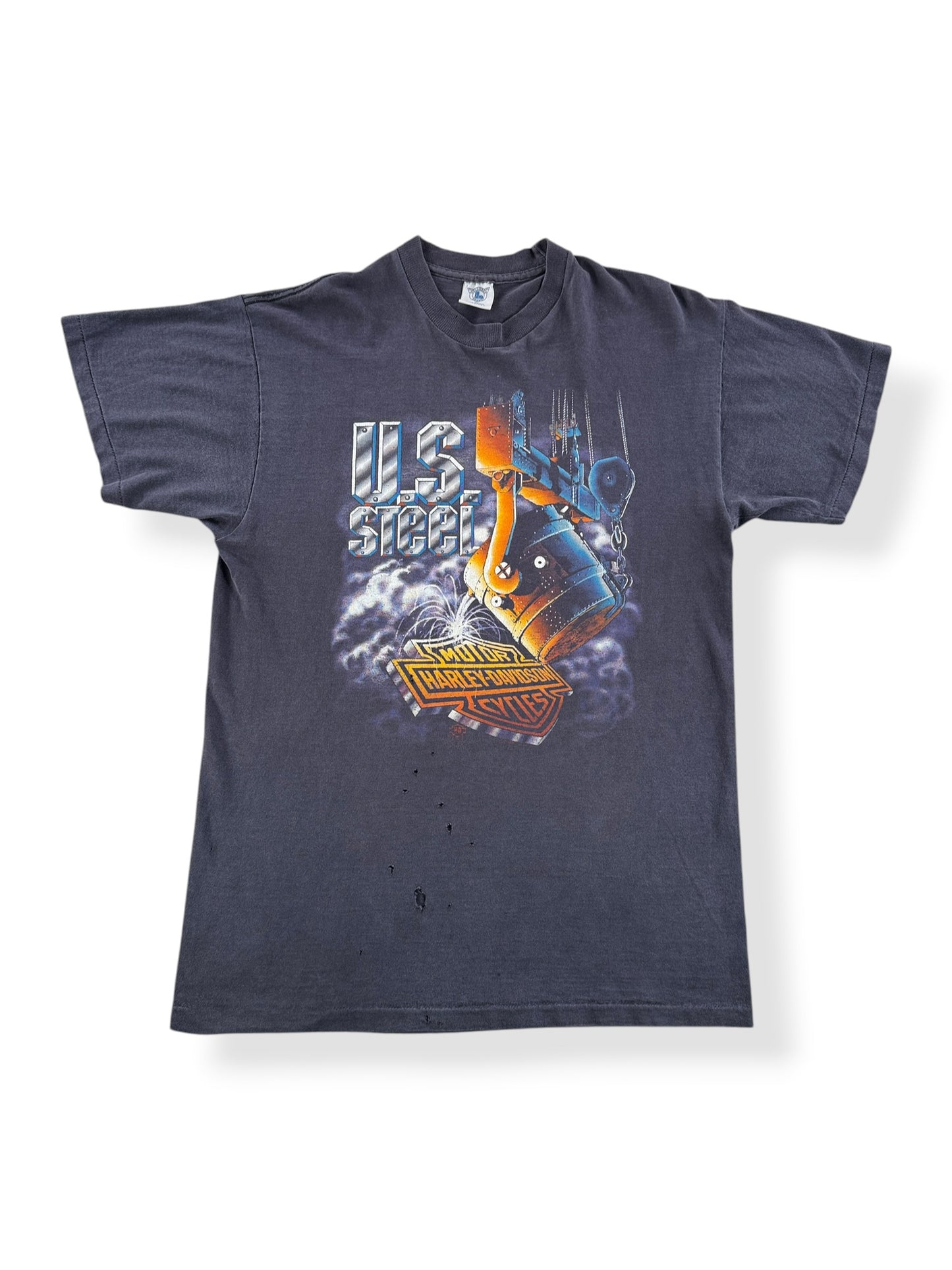 Front of Vintage 90s US Steel Harley Tee SZ XL (Fits M)