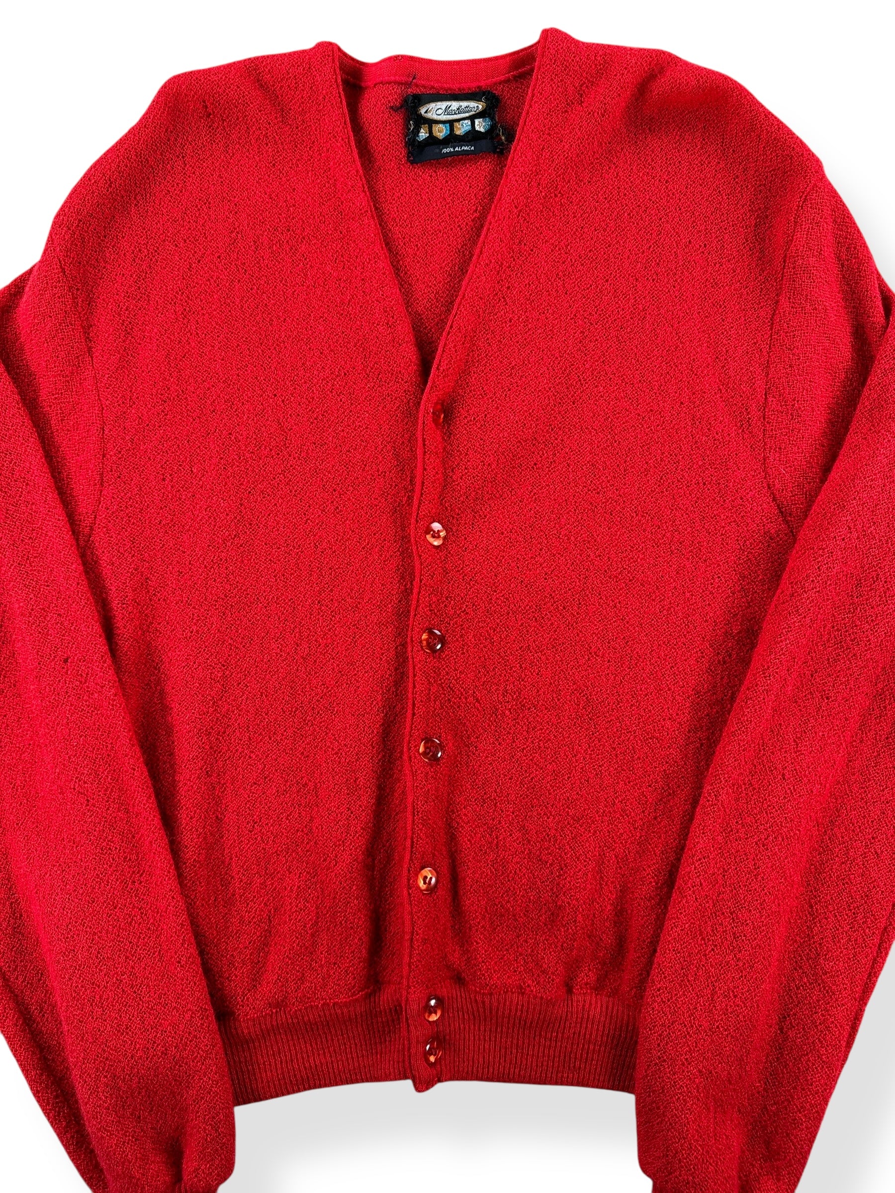 Front Close Up of Vintage Manhattan Red Alpaca Cardigan SZ S AS IS