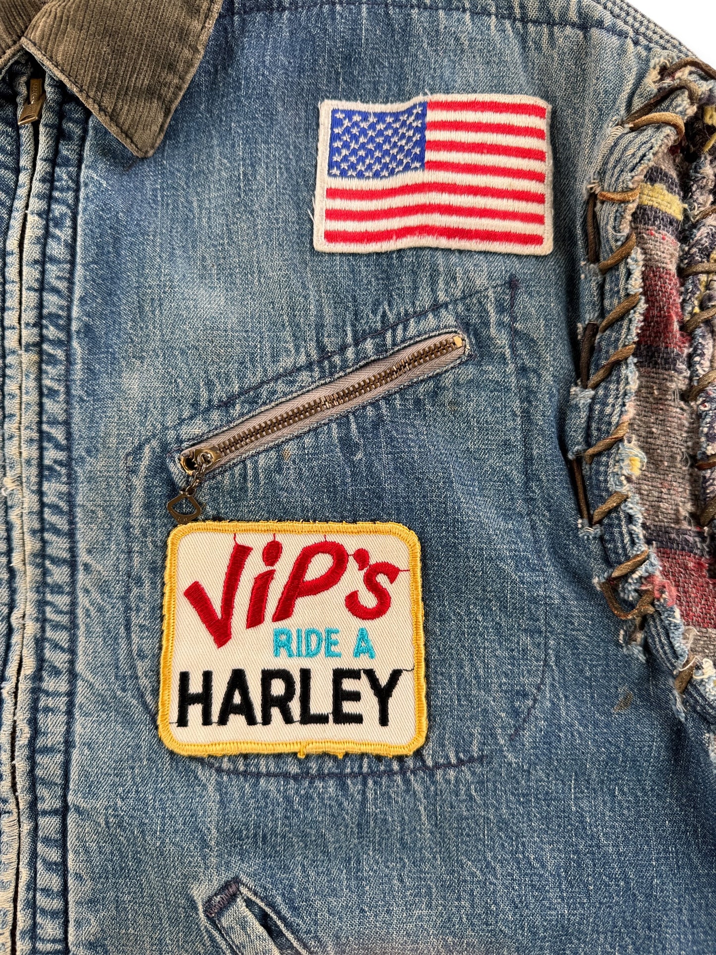 Patches on front of Vintage 50s Hurcules Denim Biker Vest SZ L - AS IS