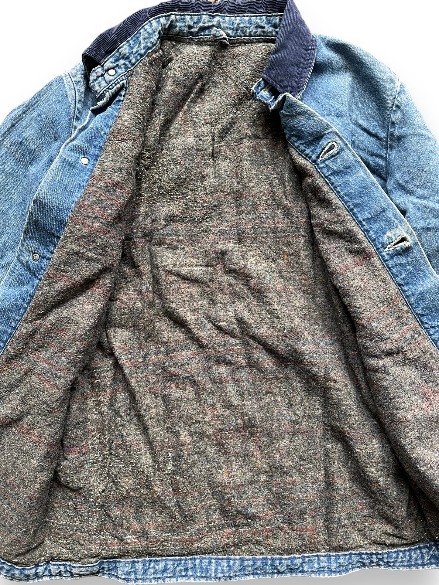 Liner Close Up on Vintage Wrangler Blanket Lined Denim Chore Coat SZ 34 | Seattle Vintage Workwear | Barn Owl Vintage Seattle