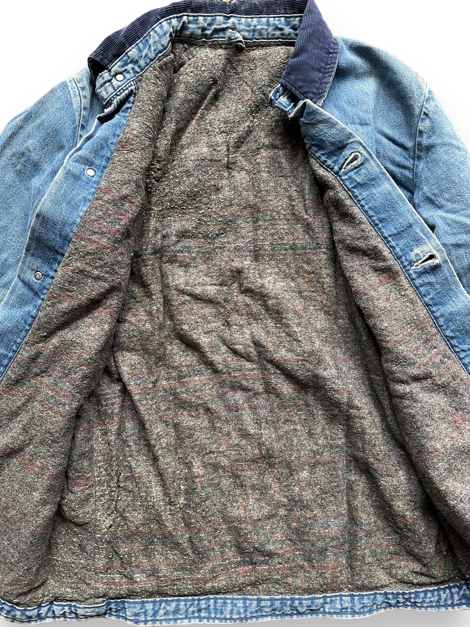 Liner Close Up on Vintage Wrangler Blanket Lined Denim Chore Coat SZ 34 | Seattle Vintage Workwear | Barn Owl Vintage Seattle