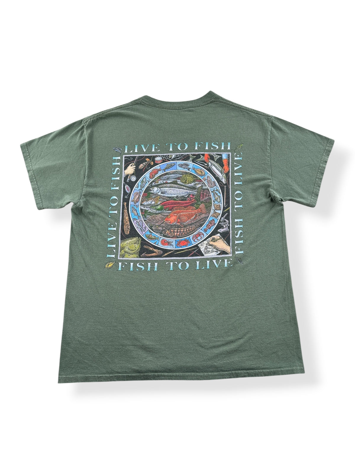 Back of Y2K Ray Roll Live To Fish Tee SZ L