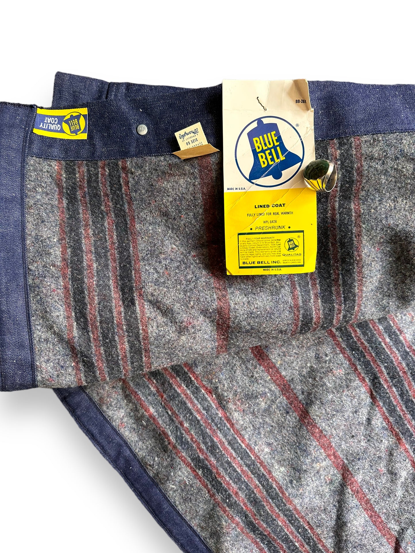 Tag View of Vintage NOS Blue Bell Blanket Lined Denim Chore Coat SZ 50 | Vintage Denim Chore Coat | Barn Owl Vintage Seattle