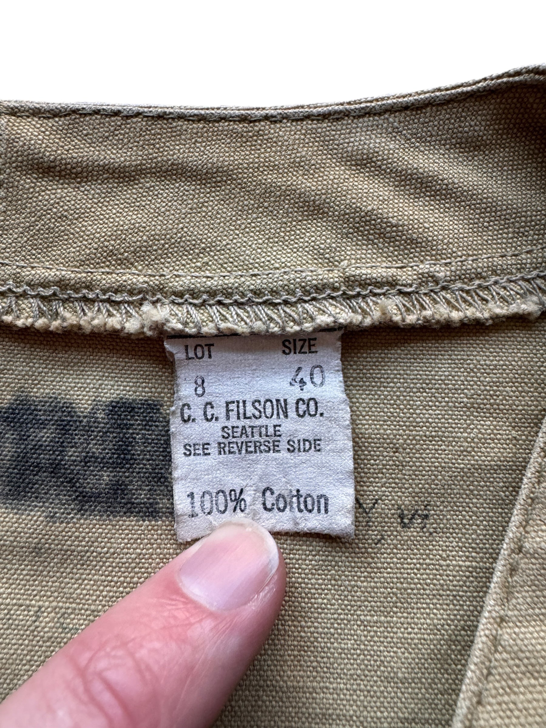 Tag on Vintage Filson Tin Cloth Vest SZ 40