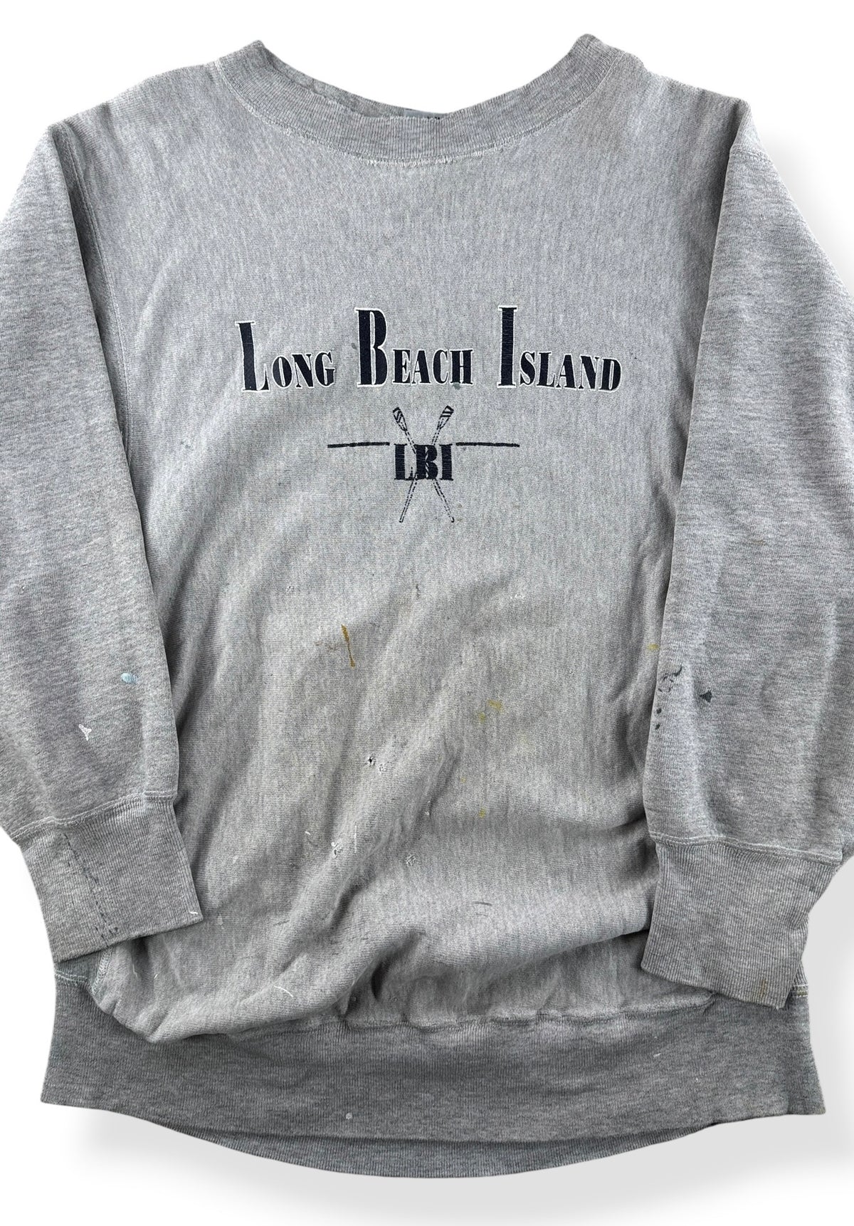 Close-up of Vintage Long Beach Island Paint Splattered Reverse Weave Crewneck SZ L