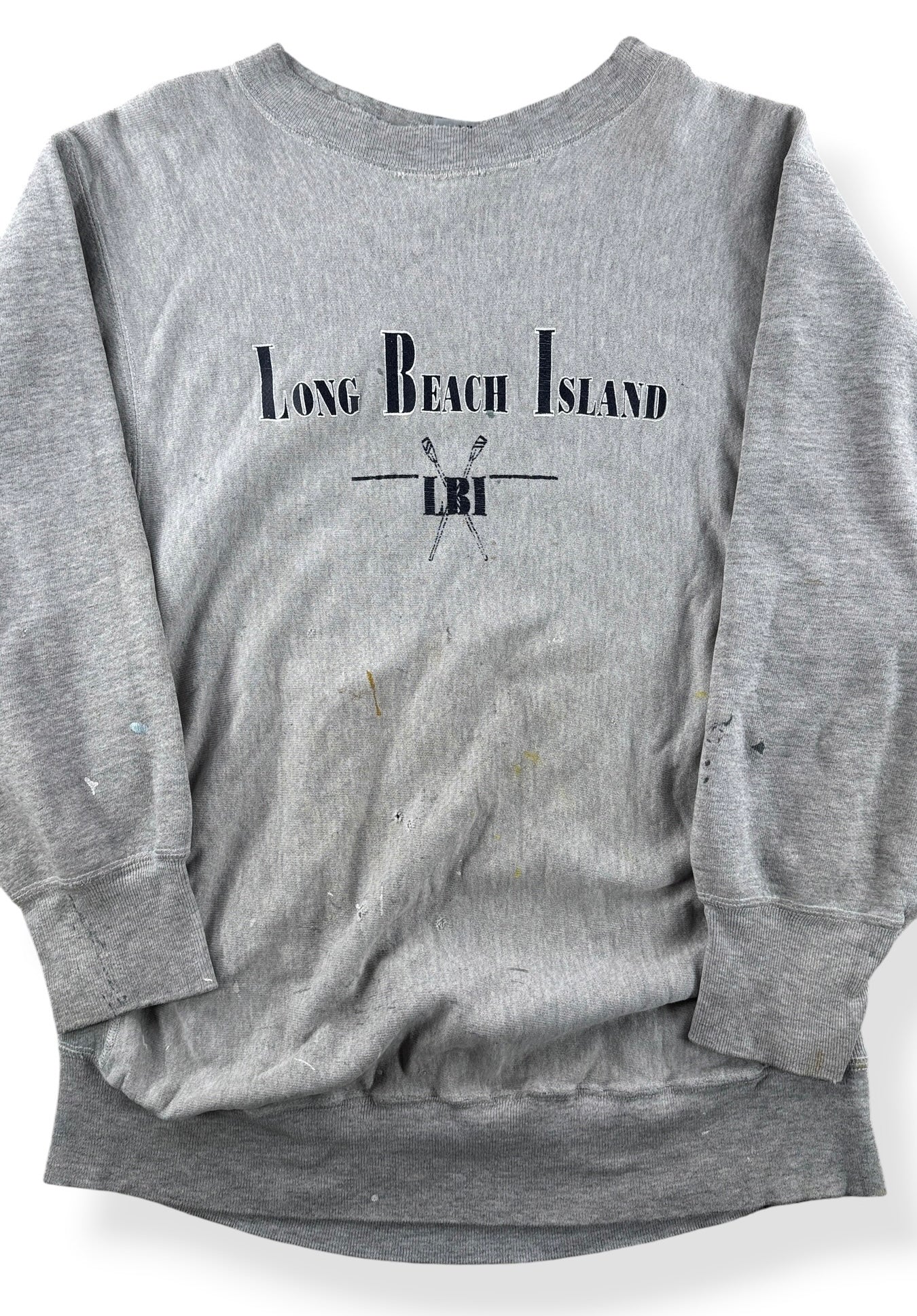 Close-up of Vintage Long Beach Island Paint Splattered Reverse Weave Crewneck SZ L