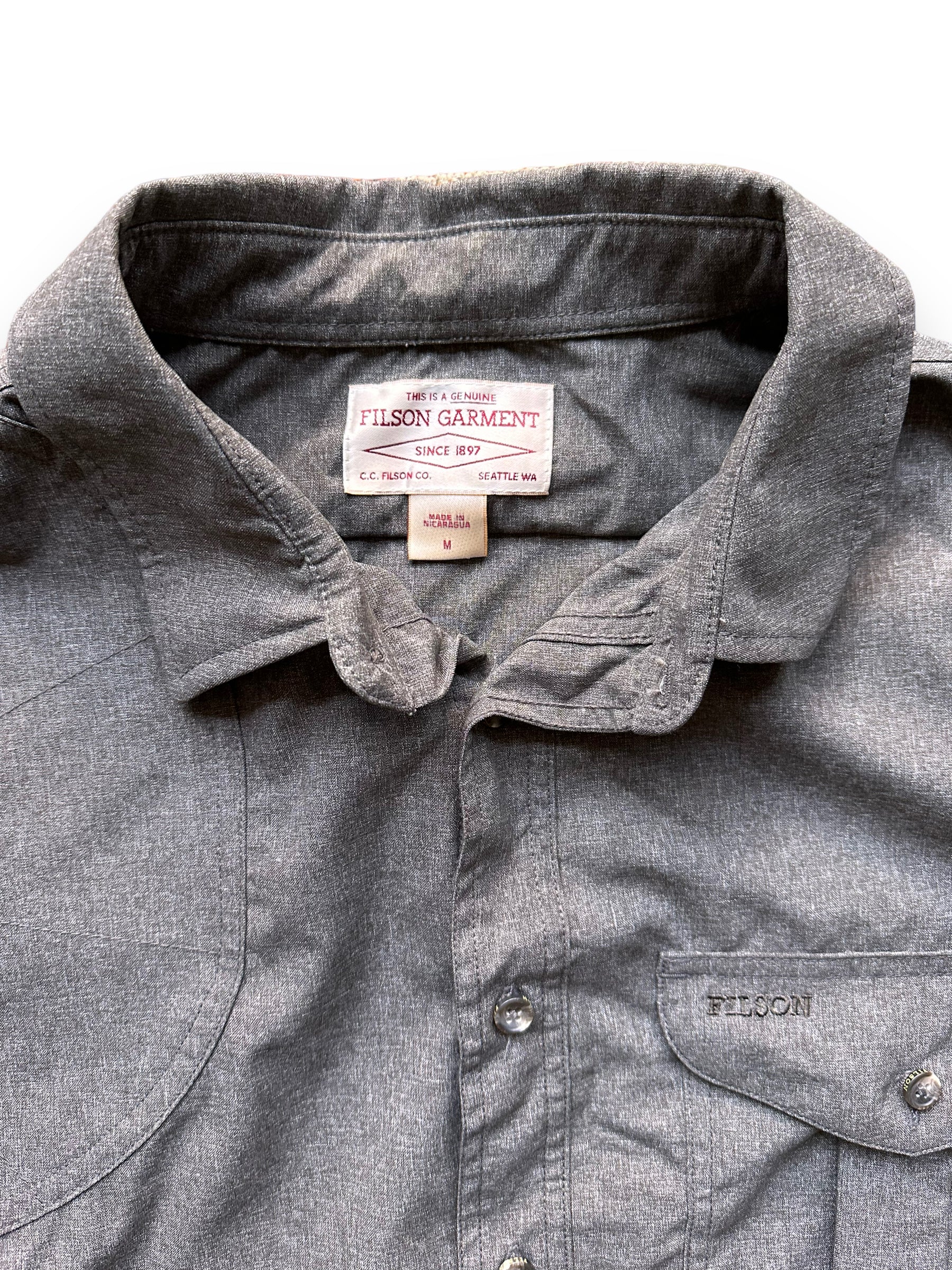 Tag View of Filson Mulch Colored Right Handed Shooting Shirt SZ M |  Barn Owl Vintage Goods | Vintage Filson Workwear Seattle