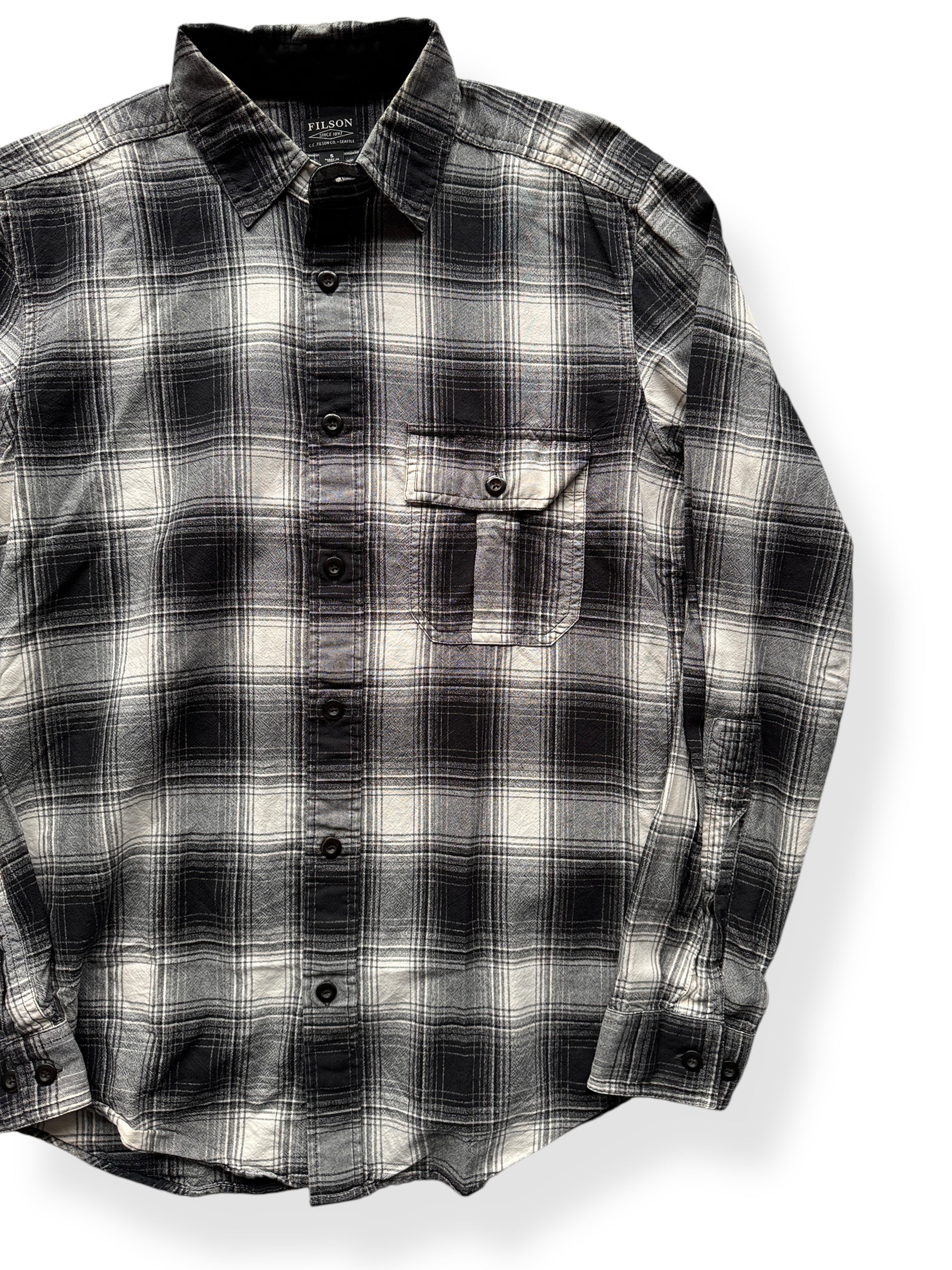 Front Left of Filson Grey Black Lightweight Flannel SZ S