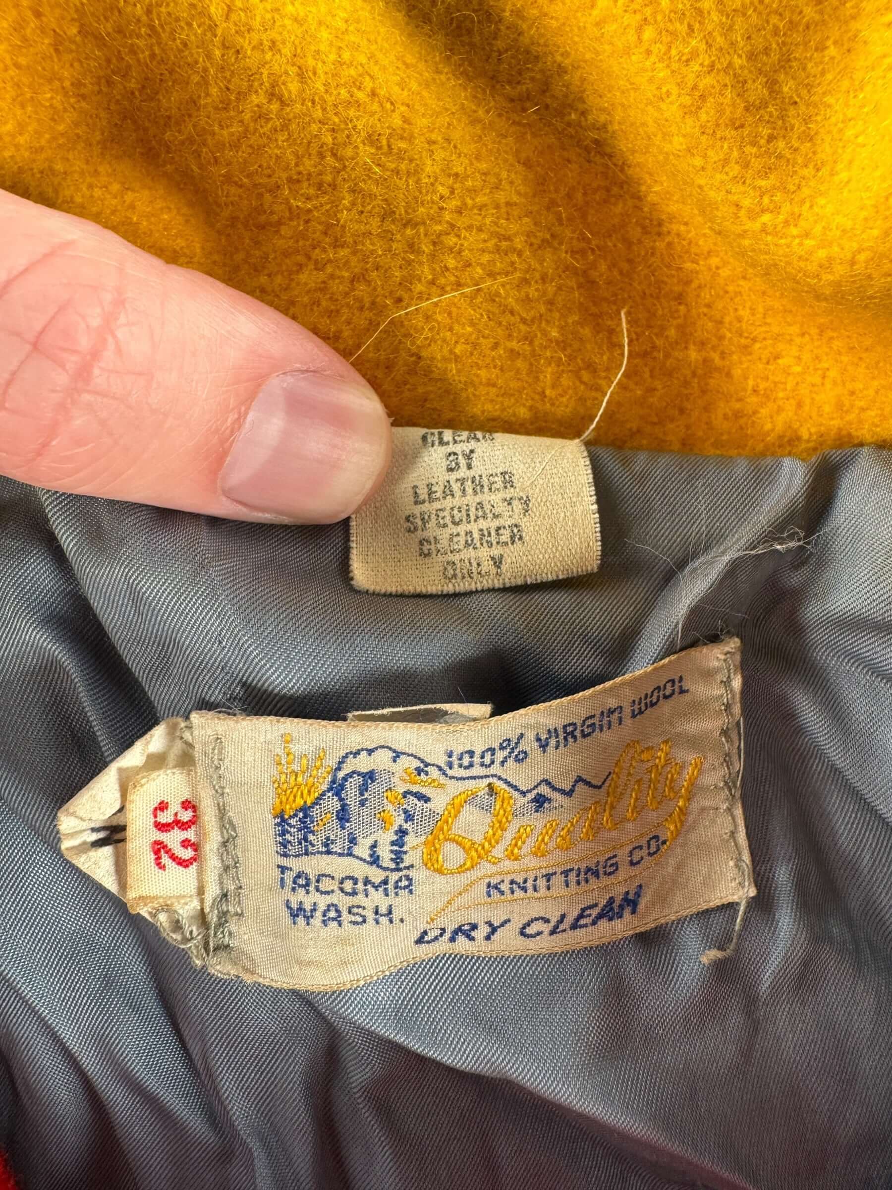 Label on Vintage Quality Knitting Company Blank Hooded Varsity Jacket SZ 32