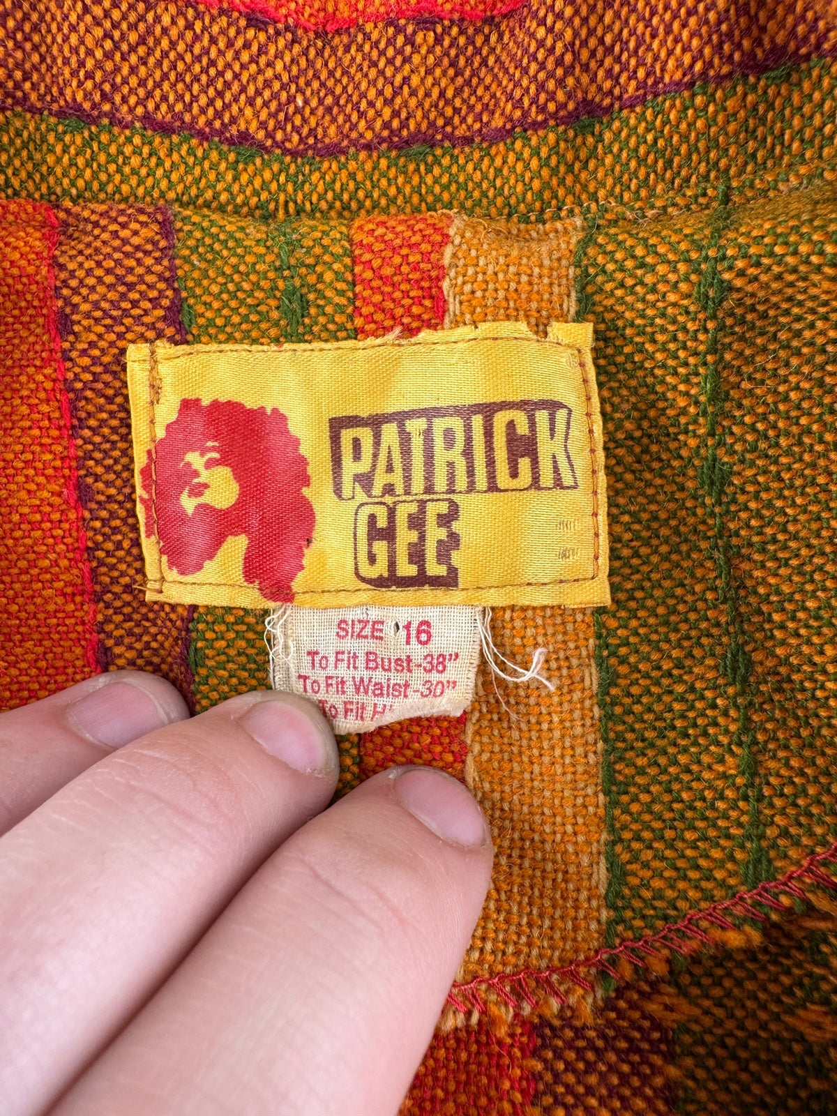 Tags on Vintage 70s Patrick Gee Orange Striped Blazer SZ 16