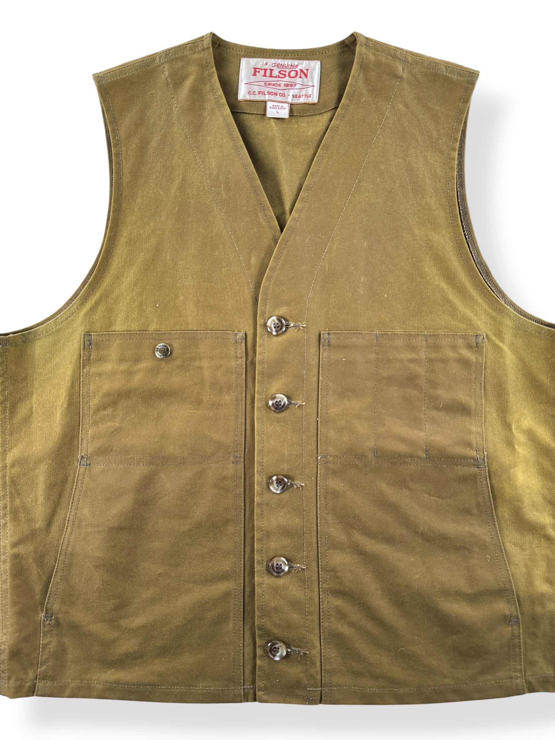 Front Close Up of Filson Tin Cloth Vest SZ L
