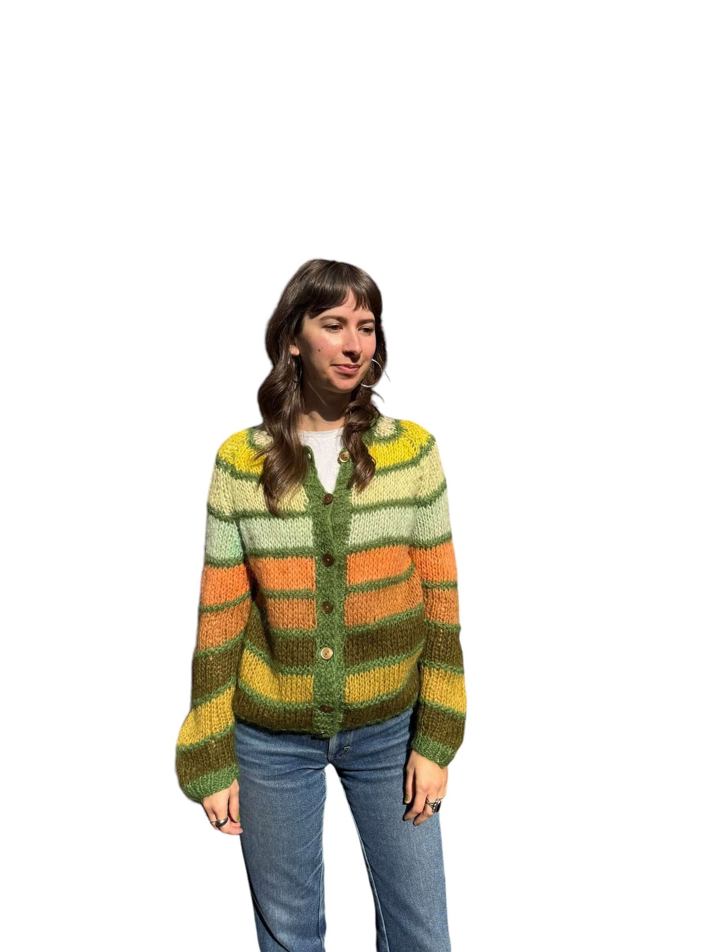 Front model vew of 1960s Green and Orange Striped Cardigan L