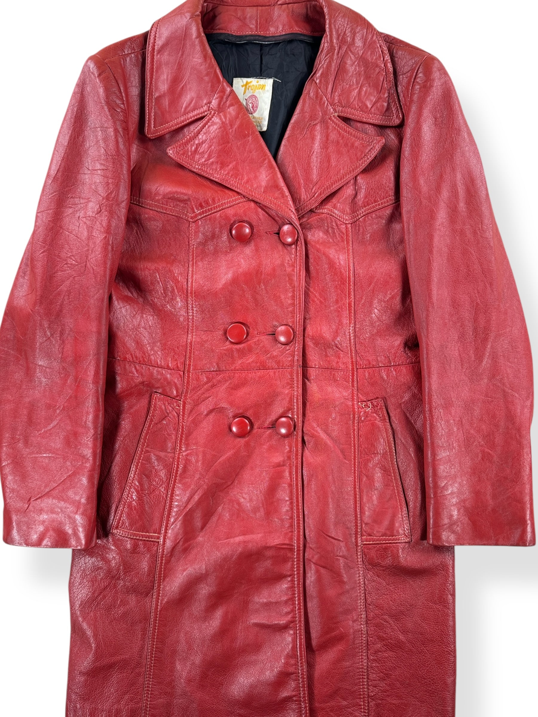 Front Close Up of Vintage Womens 60s Trojan Red Leather Coat SZ M AS IS