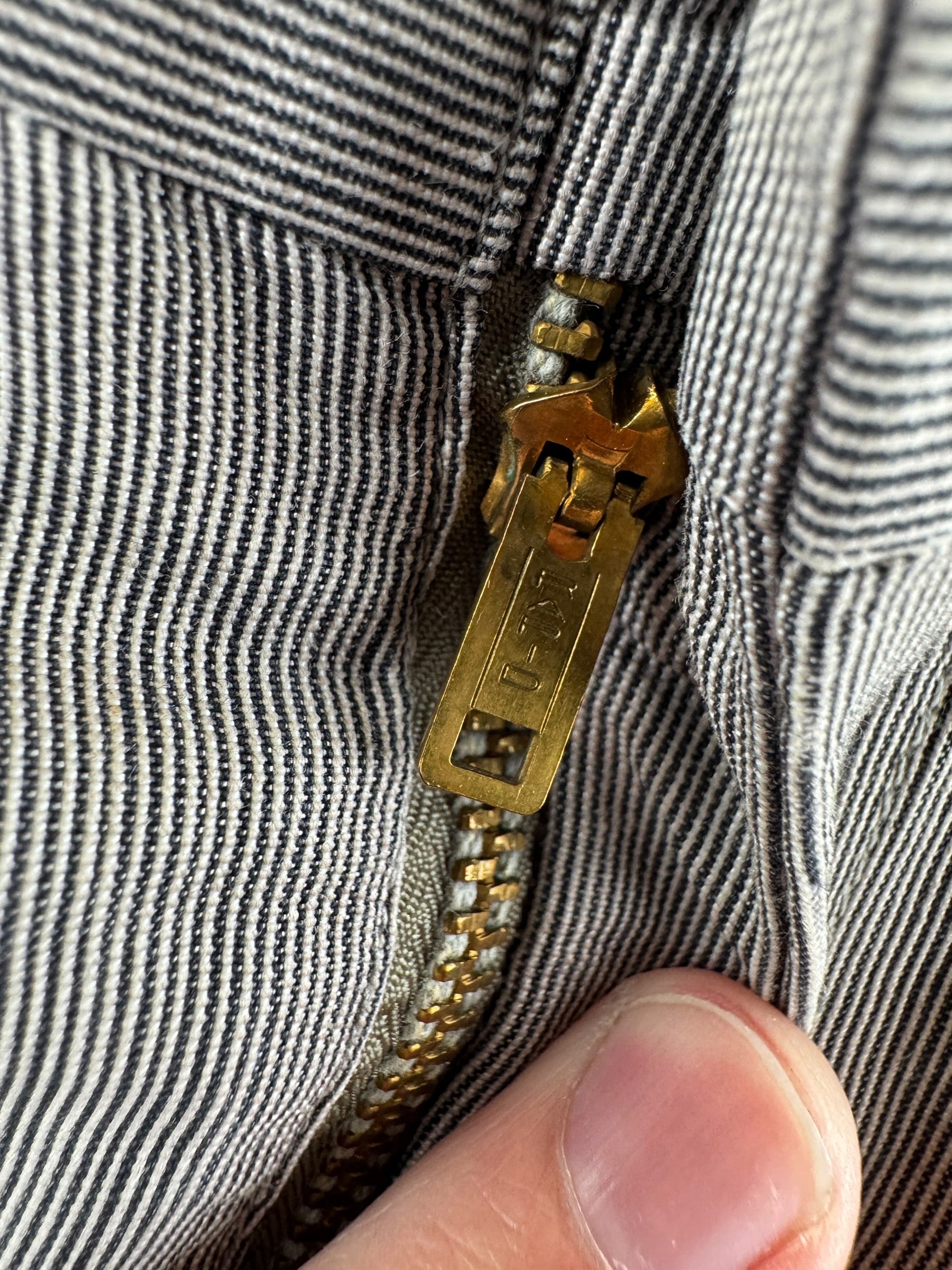 Zipper on Vintage 50s Pinstripe Buckleback Trousers W34