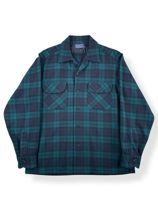 Front of Vintage Pendleton Green Blue Plaid Board Shirt SZ M