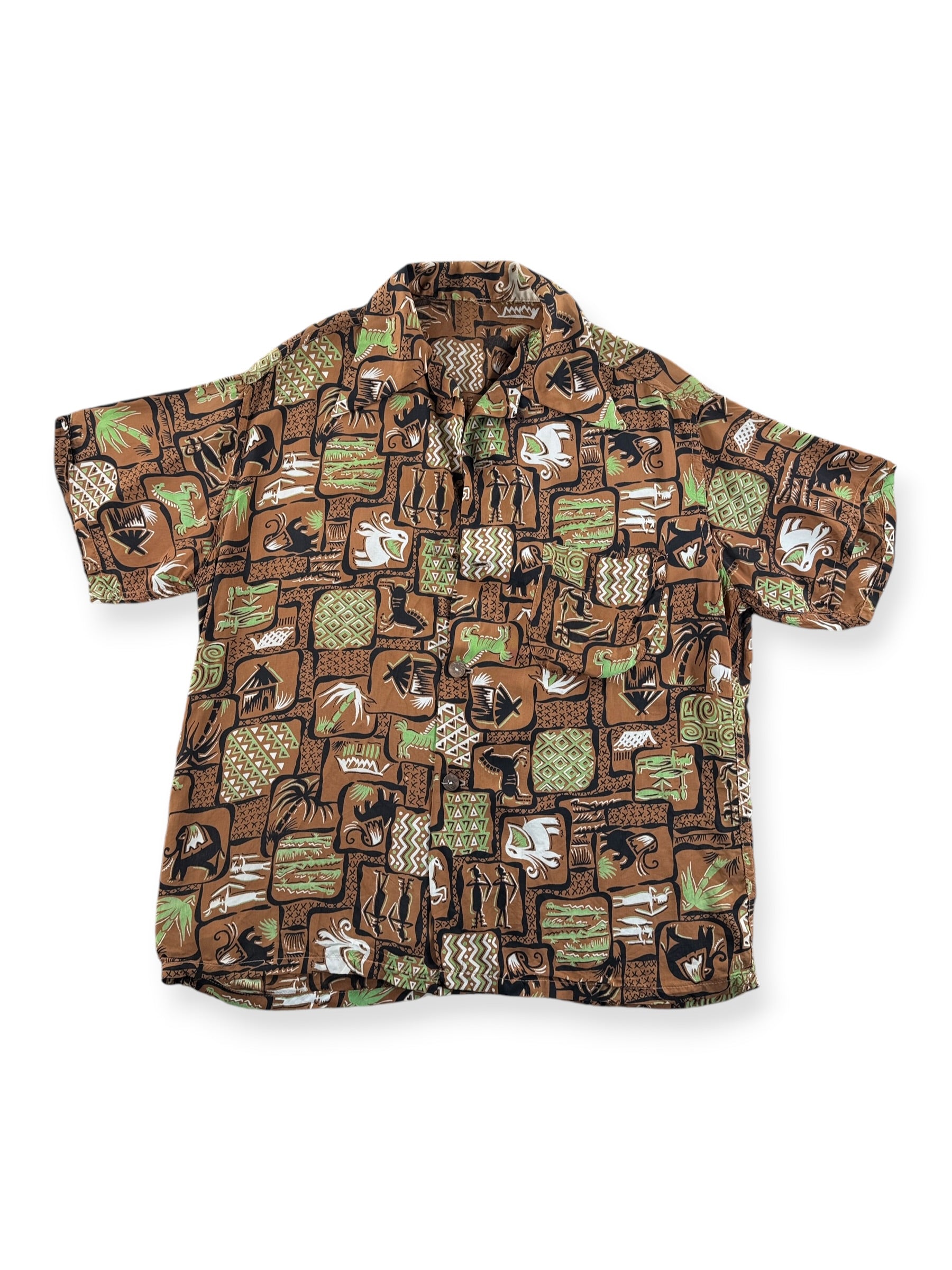 Front of Vintage Brown Rayon Patterned Aloha Shirt SZ S - AS IS