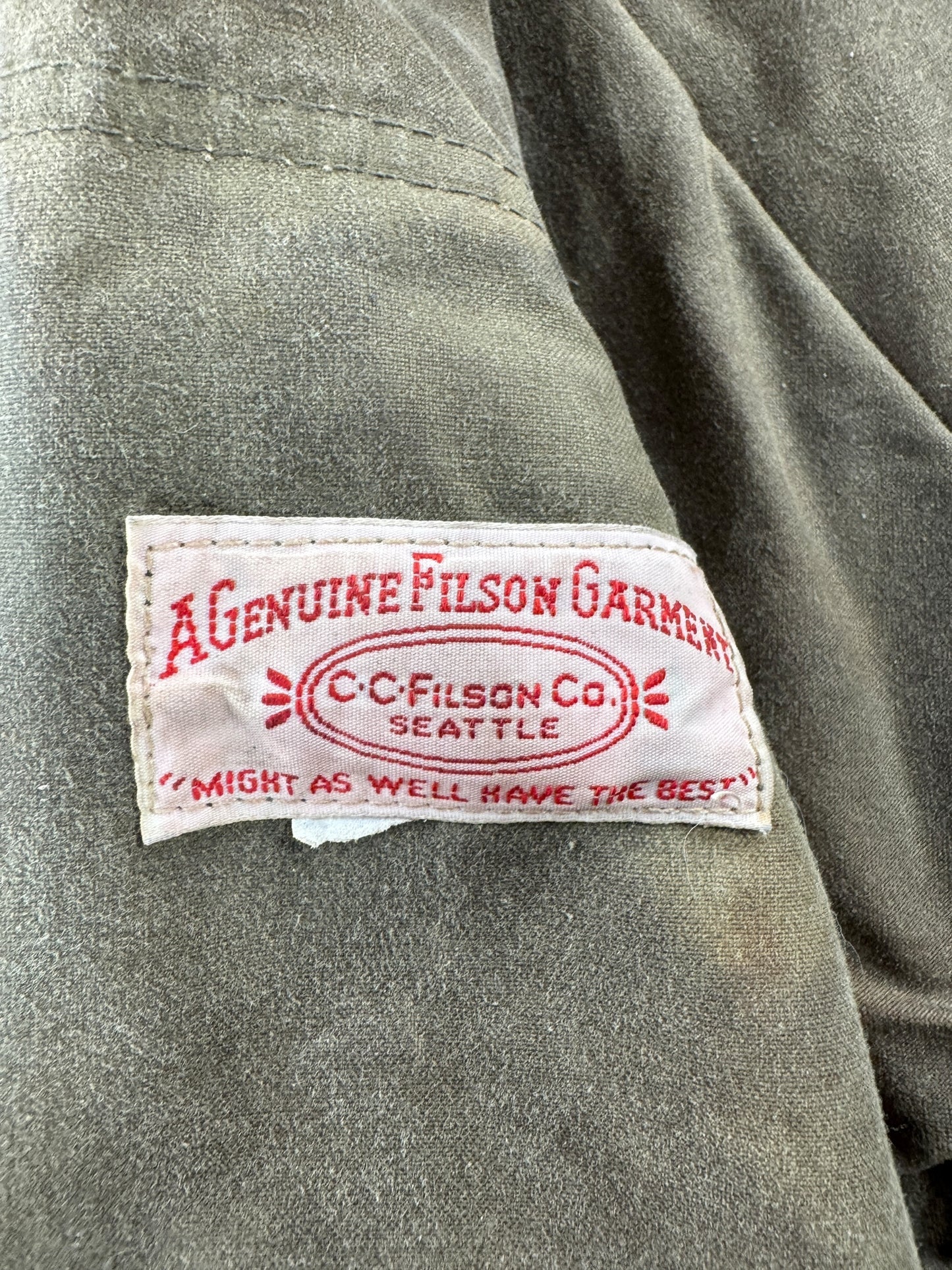 Label on Vintage Filson Waxed Tin Cloth Jacket SZ XXXL
