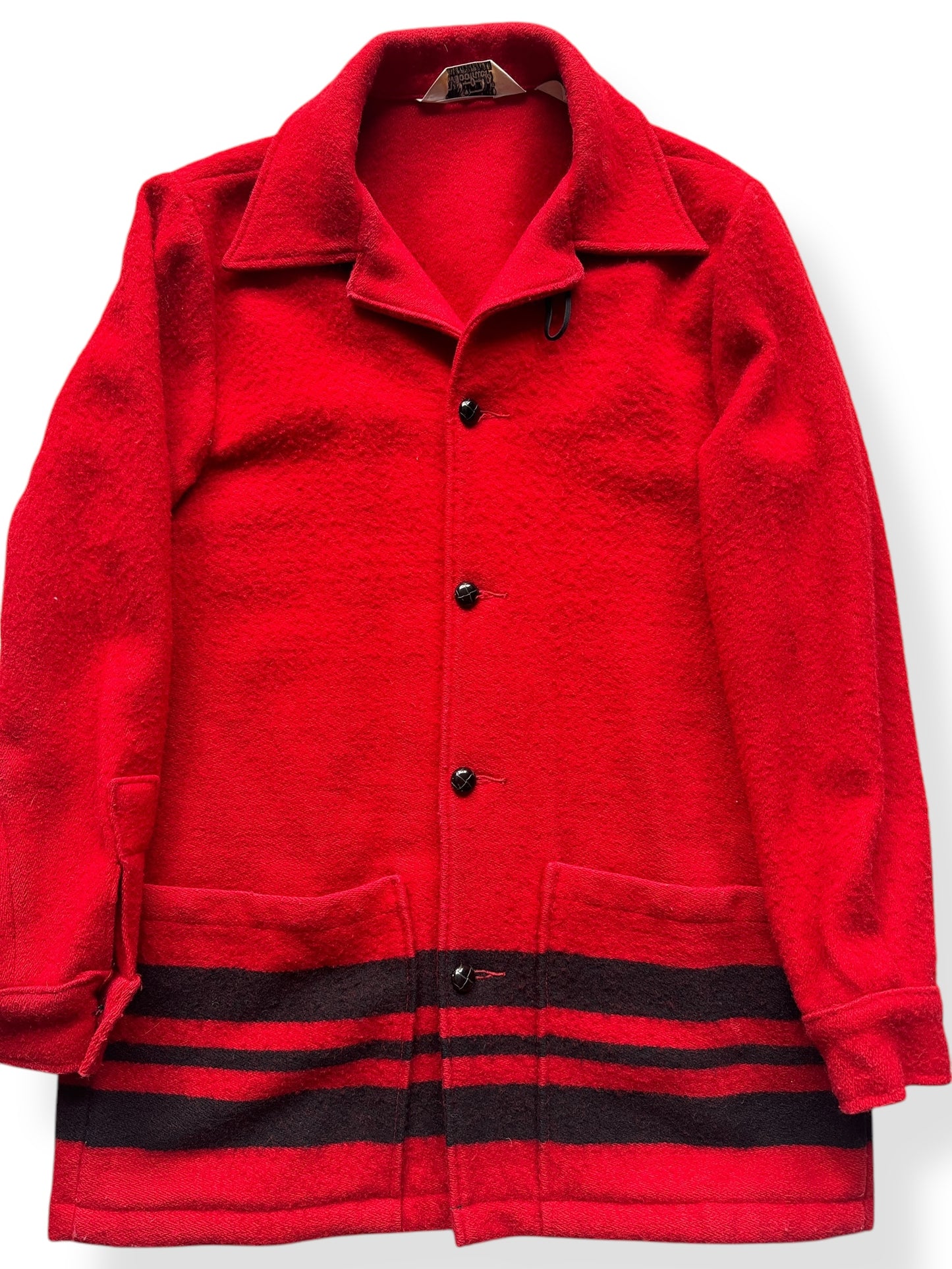 Front Close Up of Vintage Woolrich Striped Red Blanket Coat SZ M