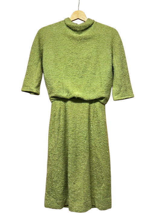 Front view of 1960s Pea Green Loopy Boucle Dress S