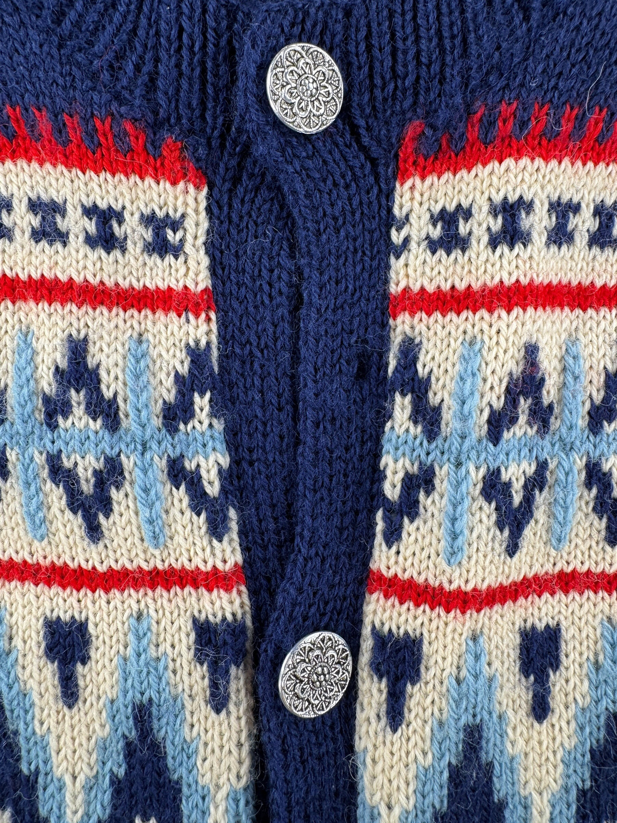 Buttons on Vintage Blue & Red Norwegian Wool Cardigan SZ M
