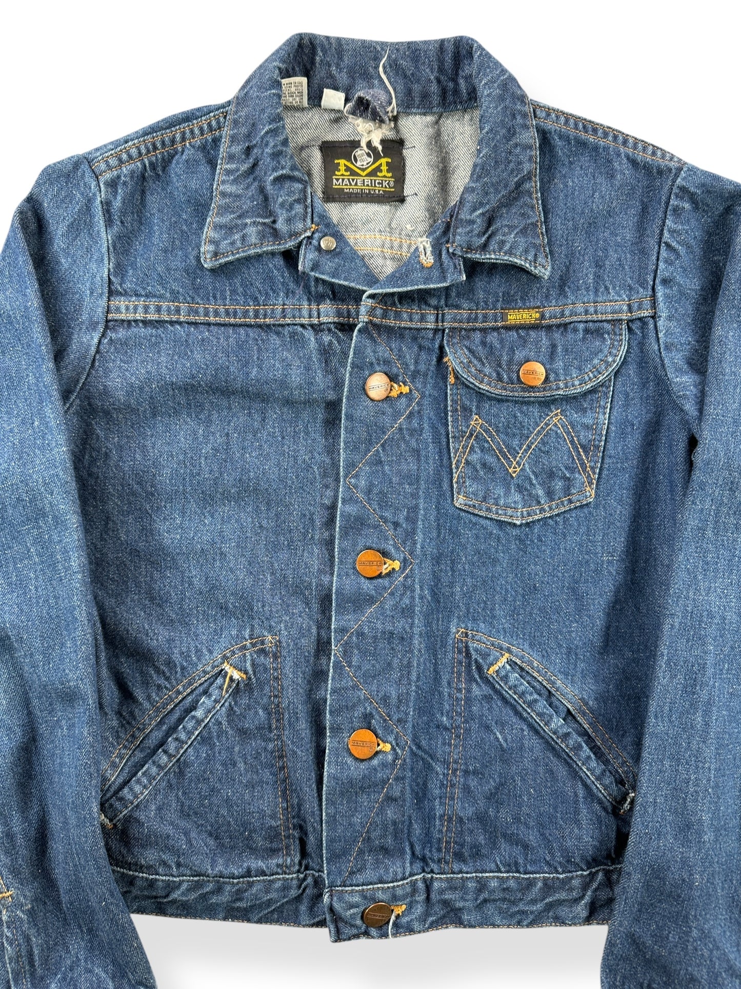 Front Close Up of Vintage Women's Dark Maverick 3 Pocket Denim Jacket SZ XS