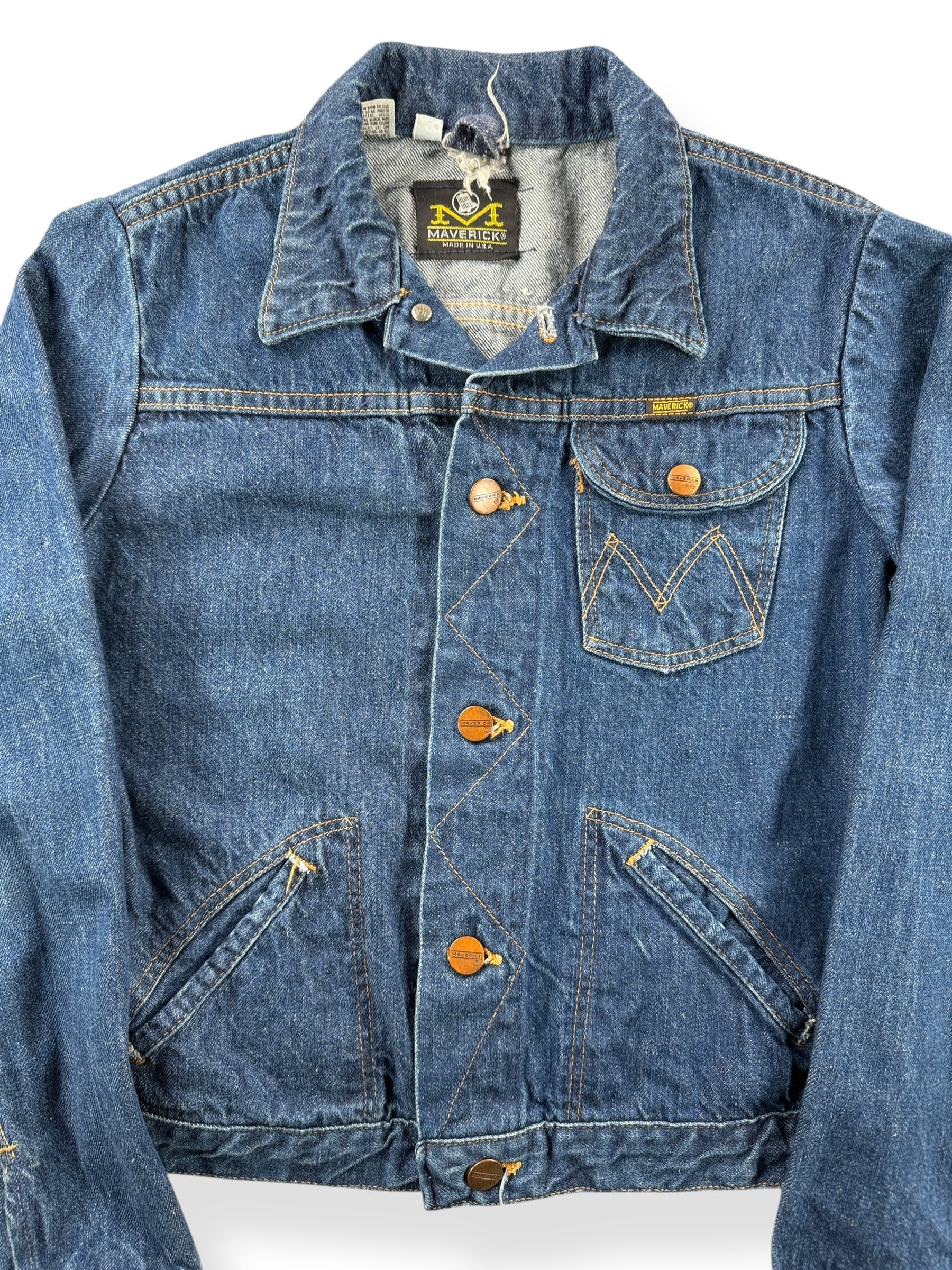 Front Close Up of Vintage Women's Dark Maverick 3 Pocket Denim Jacket SZ XS