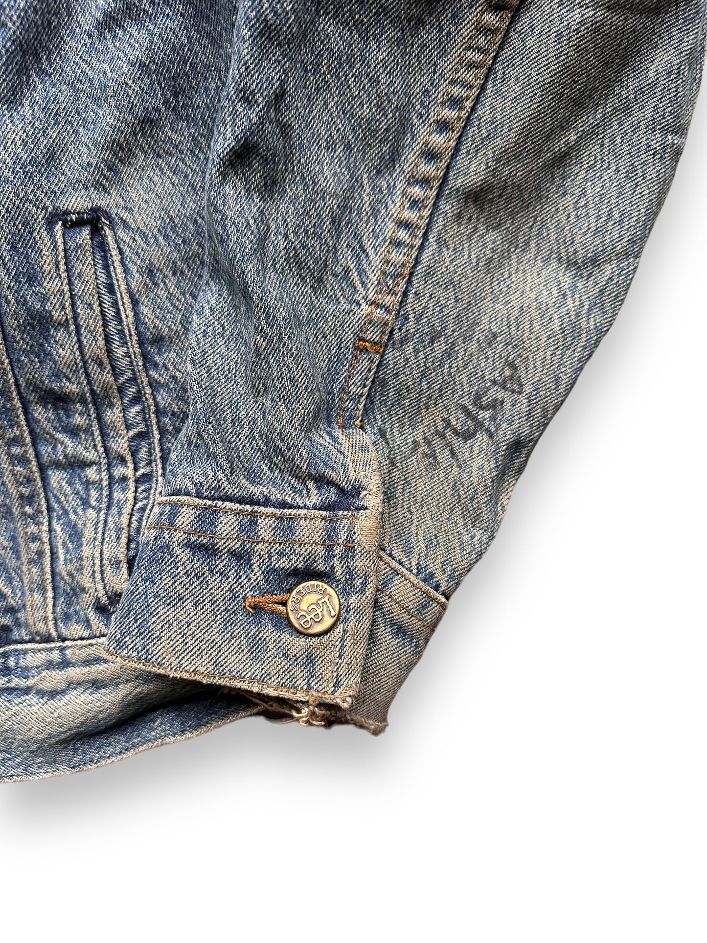 Writing on Right Sleeve of Vintage Lee 101-J Denim Jacket SZ XL | Vintage Denim Workwear Seattle | Seattle Vintage Denim