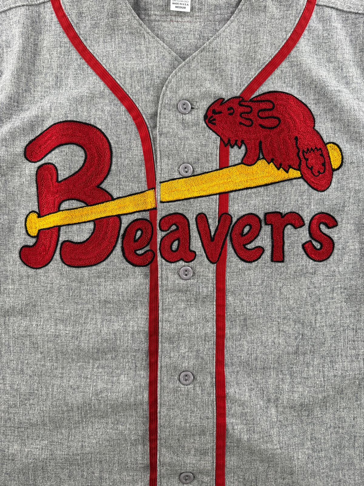 Chainstitched graphic on Ebbets Field Beavers Wool Baseball Jersey SZ M
