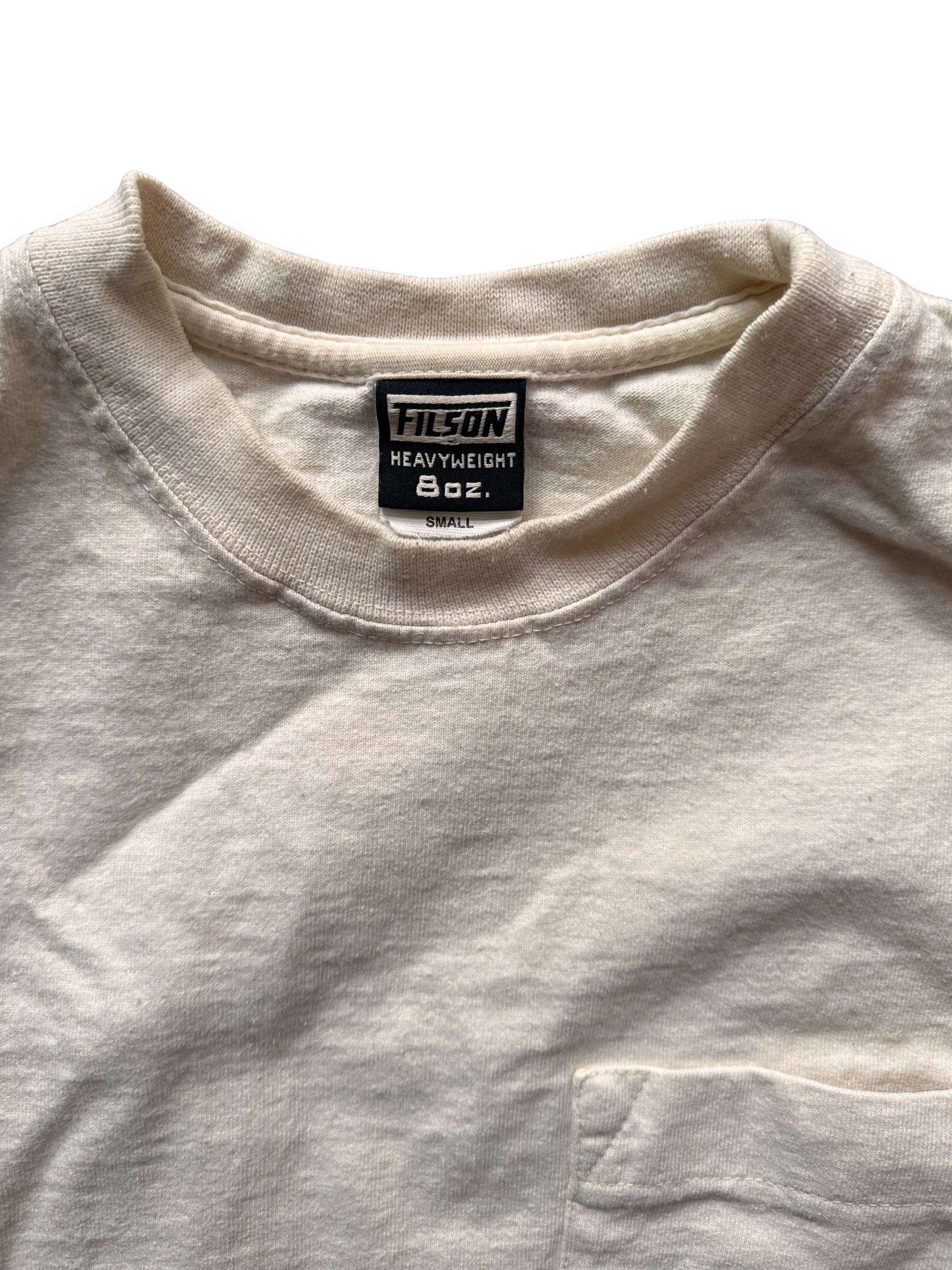 Tag View of White Filson Loopwheel Heavyweight Cotton Pocket Tee SZ S |  Barn Owl Vintage Goods | Vintage Filson Workwear Seattle