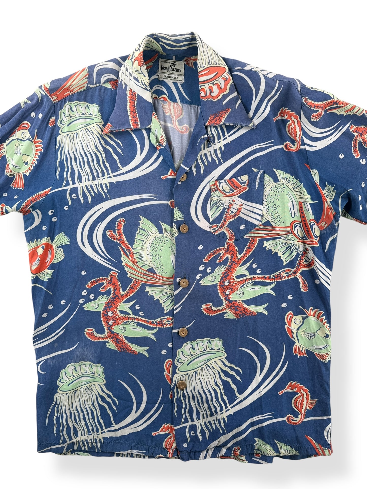 Front Close Up of Vintage 60s Era Reminiscence Aloha Shirt SZ M