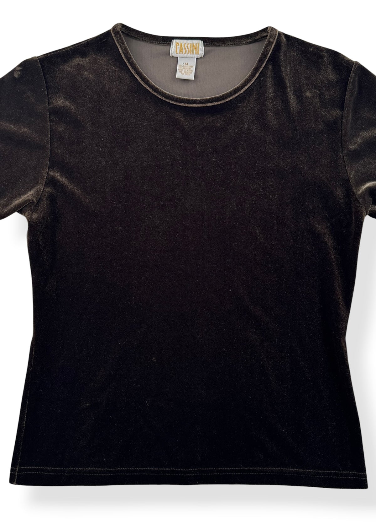 Close-up of Vintage 90s Brown Velvet Short Sleeve Shirt SZ M