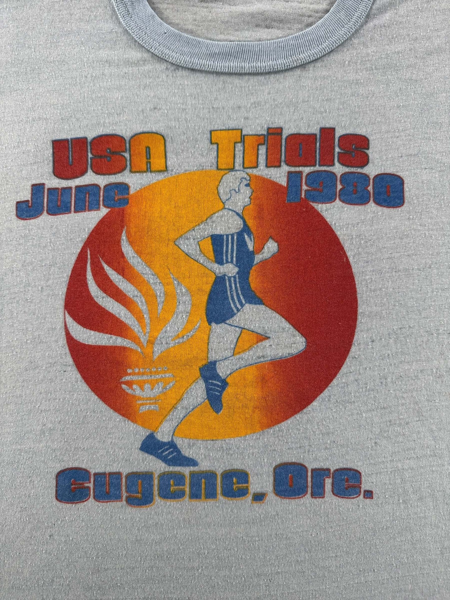 Graphic of Vintage 1980 Adidas Prefontaine Rainbow Trefoil Tee SZ S