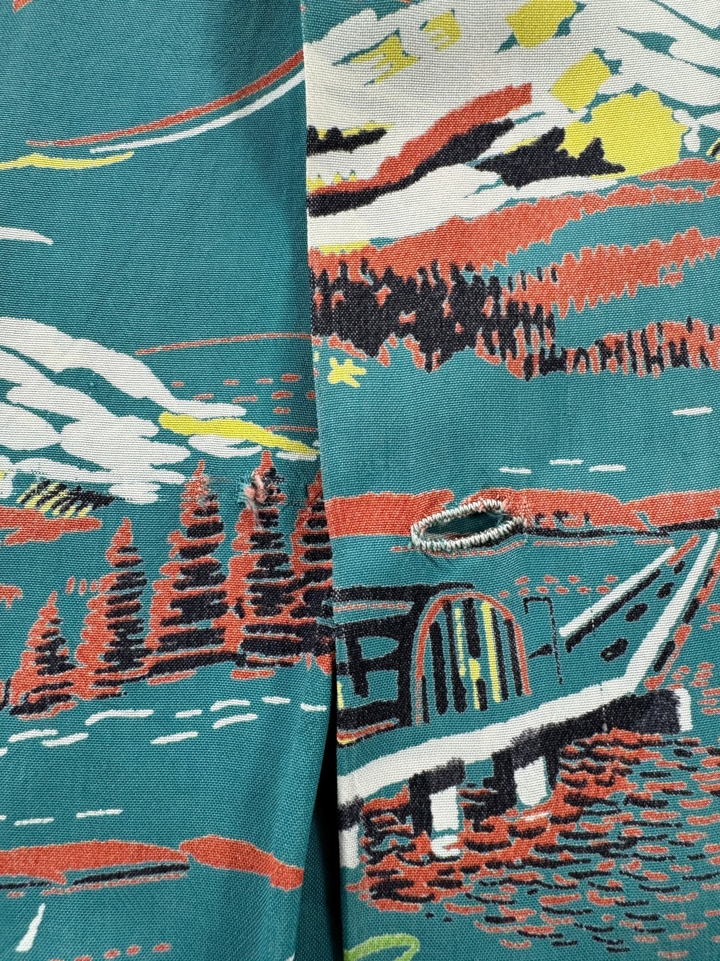 Missing Button on Vintage Blue Driftwood Seattle Centennial Aloha Shirt SZ M