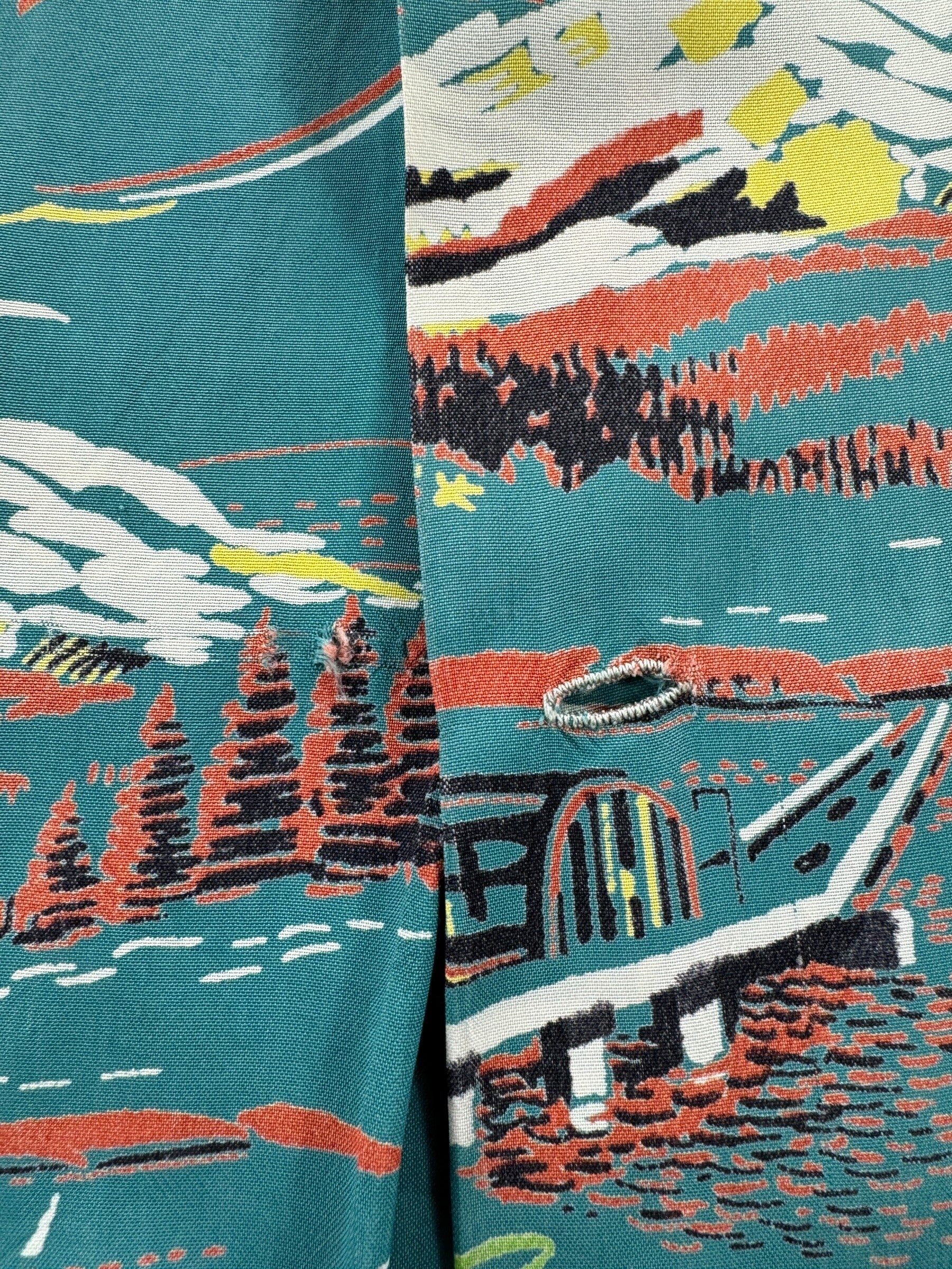 Missing Button on Vintage Blue Driftwood Seattle Centennial Aloha Shirt SZ M