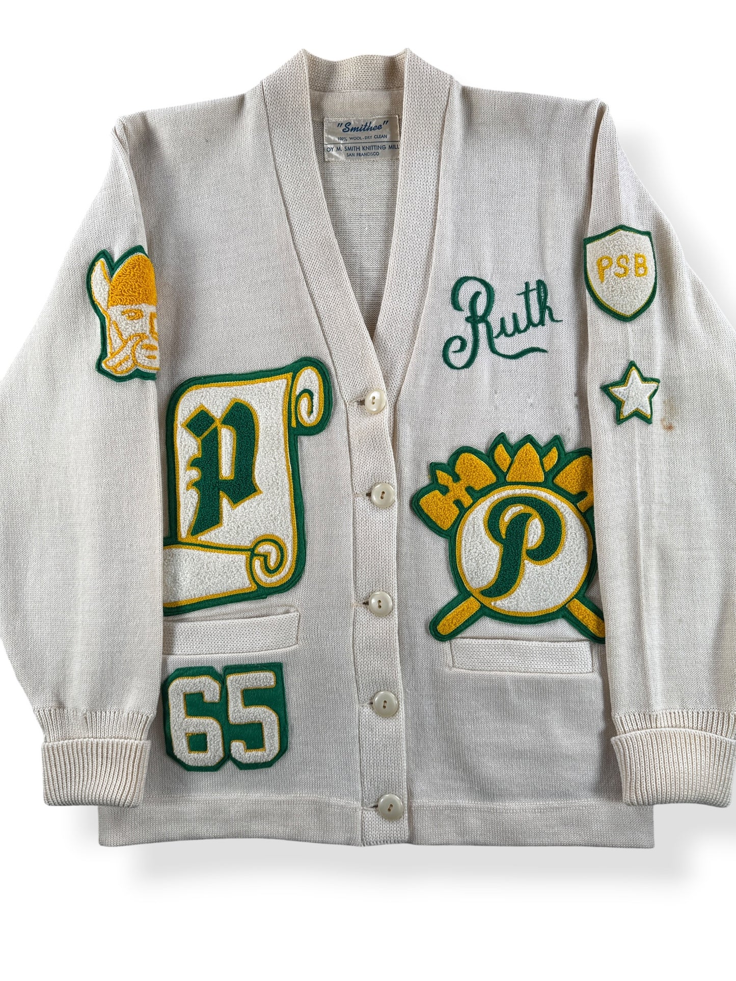 Front Close Up of Vintage Roy Smith Knitting Mills "Smithee" 65 Varsity Sweater SZ S