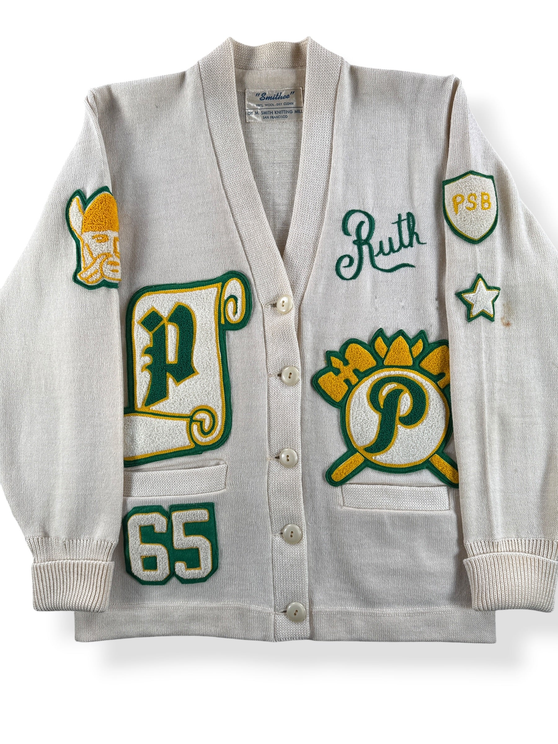 Front Close Up of Vintage Roy Smith Knitting Mills "Smithee" 65 Varsity Sweater SZ S