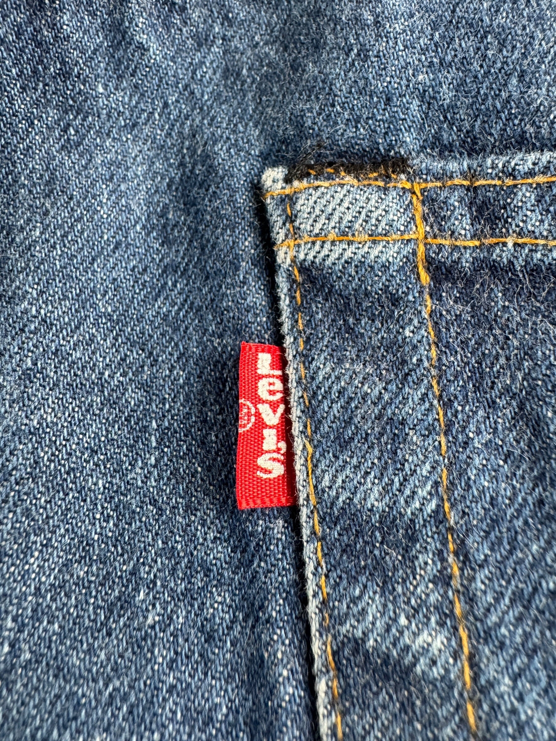 Small E on Vintage Dark Double Stitch Levis 501 Redline Jeans W40 - AS IS