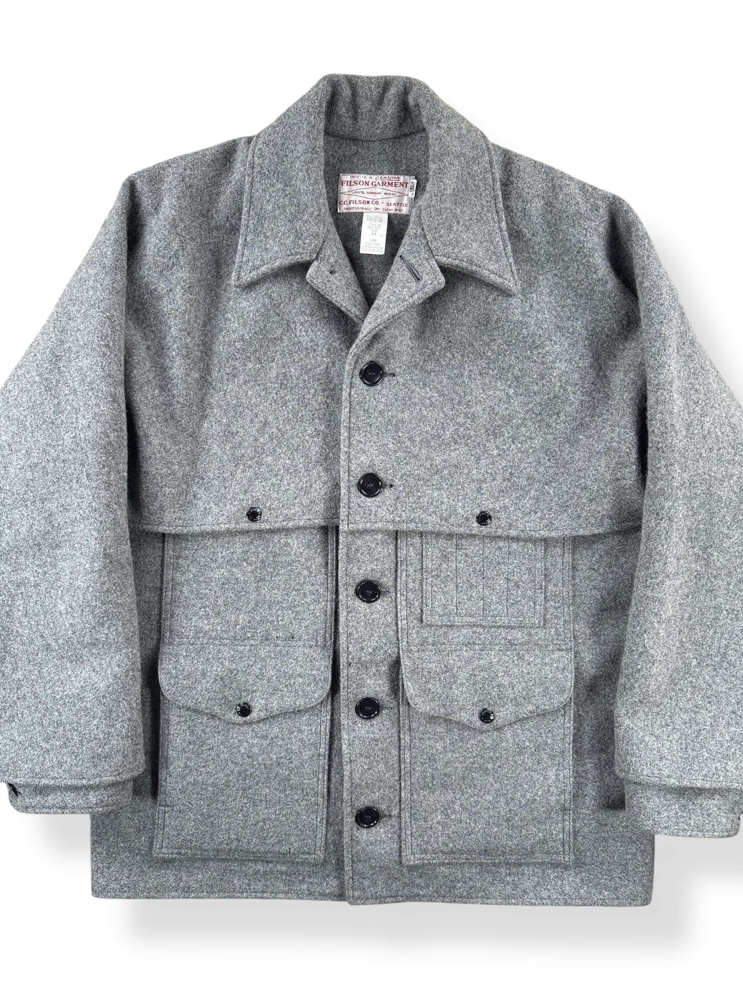 Front Close Up of Vintage Filson Grey Double Mackinaw Coat SZ 44