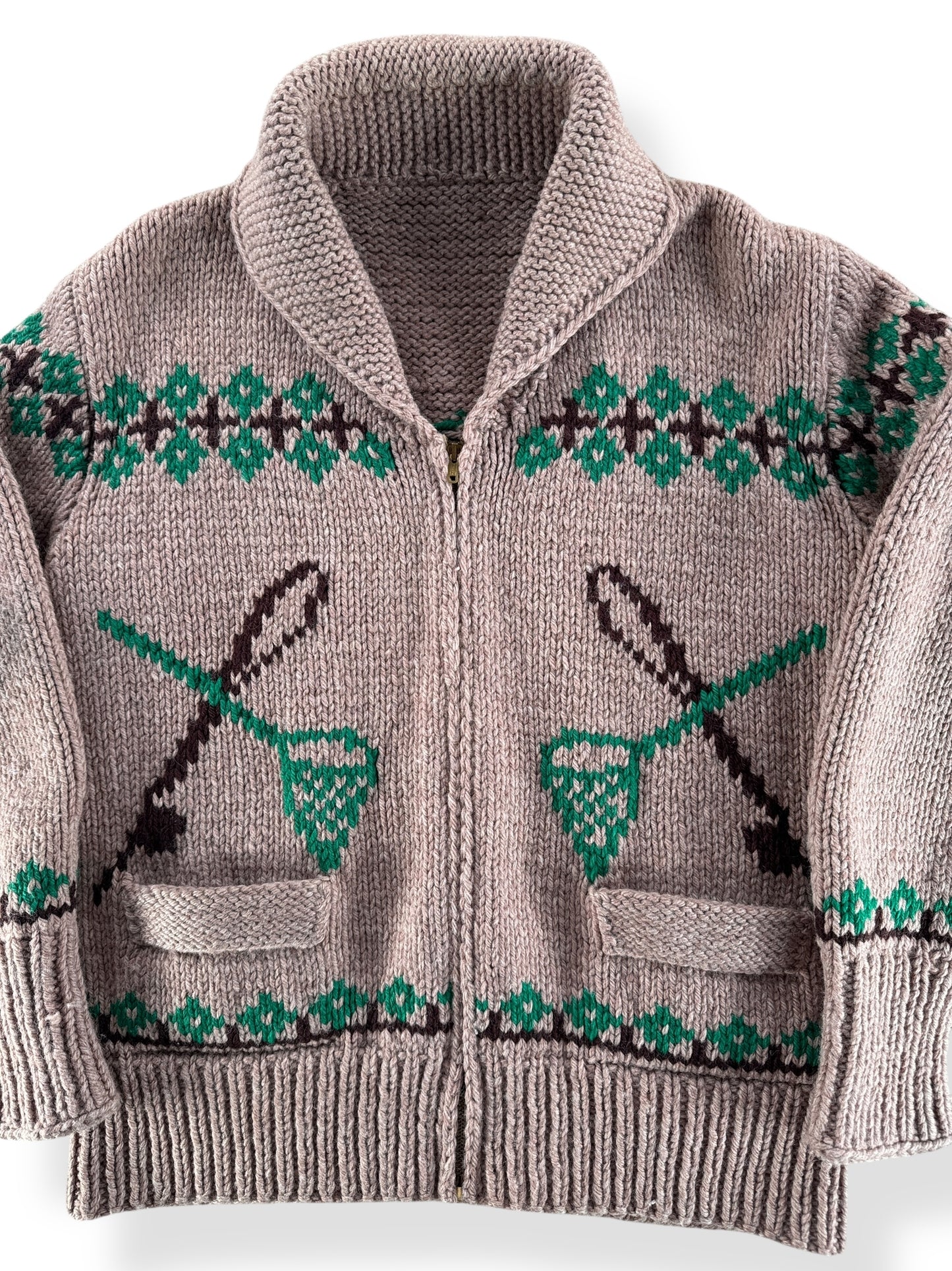 Front Close Up of Vintage Trout Cowichan Sweater SZ L