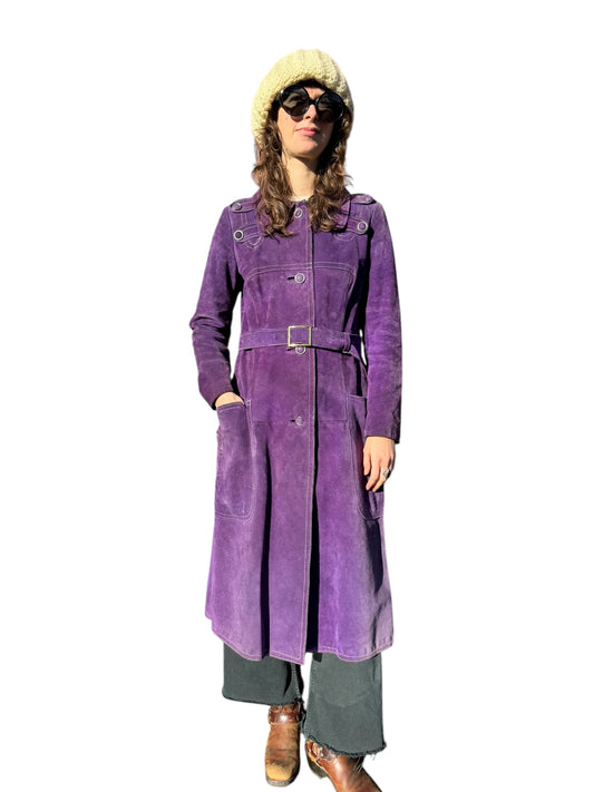 Front view of 1960s Purple Suede Trench Coat S